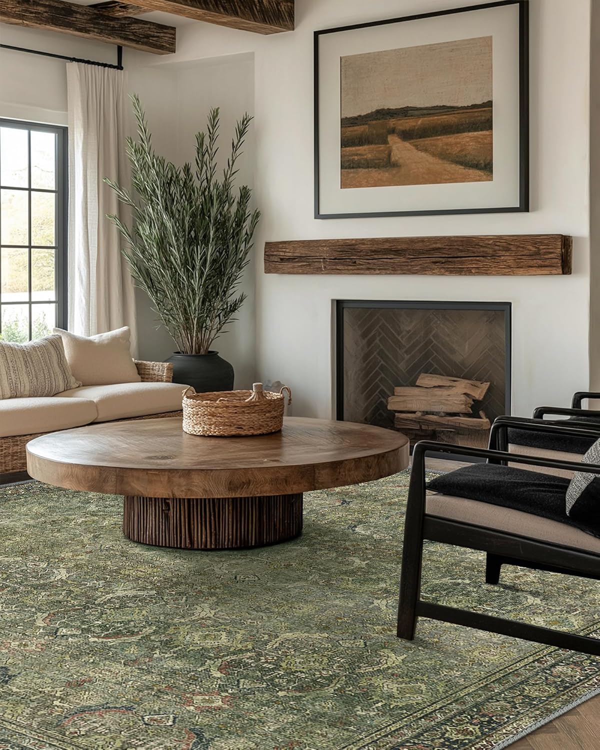 8X10 Area Rugs Machine Washable Rugs for Living Room, Vintage Boho Large Rugs for Bedroom Dining Room, Non Slip Indoor Soft Distressed Lightweight Thin Low Pile Carpet, Green