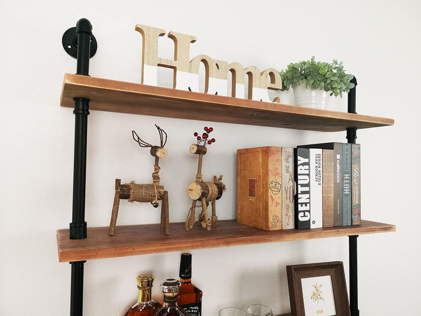 7 Tier Industrial Wall Mounted Ladder Shelf Bookcase, Rustic Wood Metal Pipe Industrial Shelves for Living Room Decor and Storage (Weathered Brown, 7 Tier - 10" D x 36" W x 95.5" H)