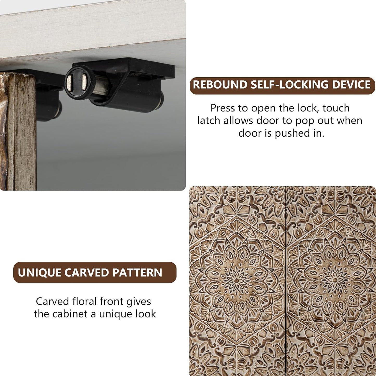 COSIEST Set of 2 32" Buffet Sideboard Cabinets with Vintage Firework Carved Pinewood Doors, Push-to-Open, Storage Accent Cabinet for Living Room, Kitchen, Hallway, Gray