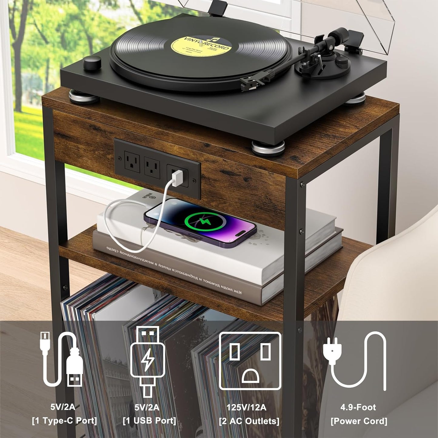 LELELINKY 3 Tier End Table with Charging Station, Brown Record Player Stand with Storage Up to 100 Albums Brown, Night Stand with USB Port, Nightstand for Small Spaces