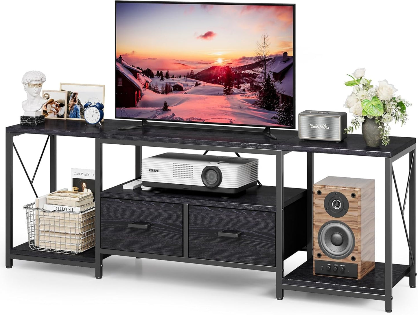 Homeiju TV Stand for TVs up to 75 Inch, Entertainment Center with Fabric Drawers, TV Media Console Table with Open Storage Shelves for Living Room, Bedroom, Black