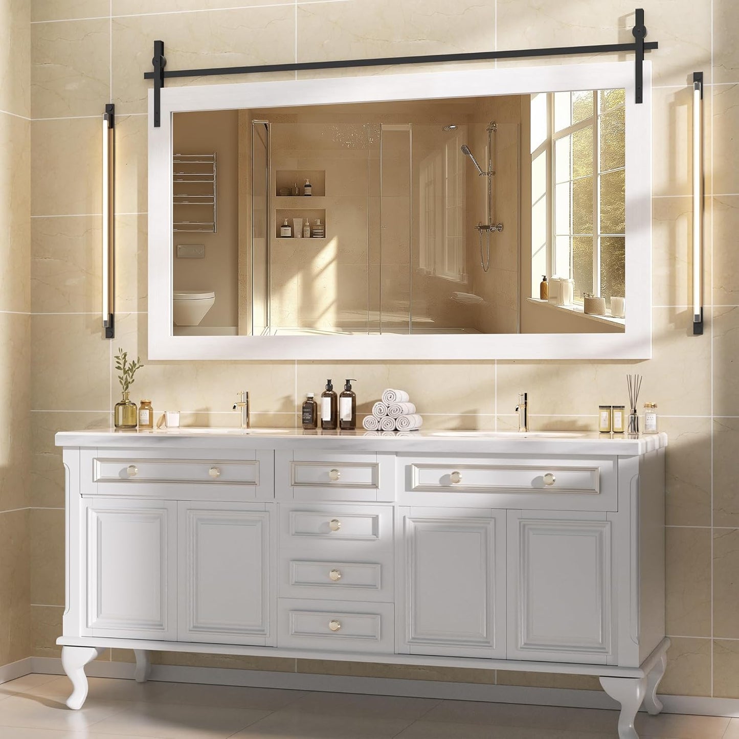 Hasipu Farmhouse Bathroom Mirror, 60"x30" Rustic Wood Framed Wall Mounted Mirror, White Vintage Vanity Mirror Barn Door Style Decrative Mirrors