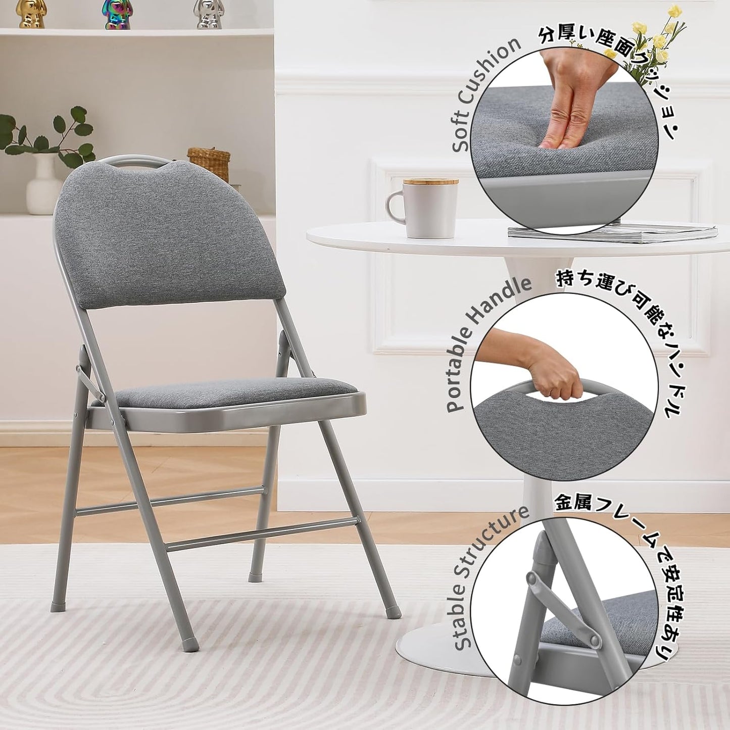 KAIHAOWIN High Back Folding Chairs Set of 2 Padded Foldable Comfortable Chairs with Extended Backrest and Handle Hole for Indoor Easy to Carry-Gray