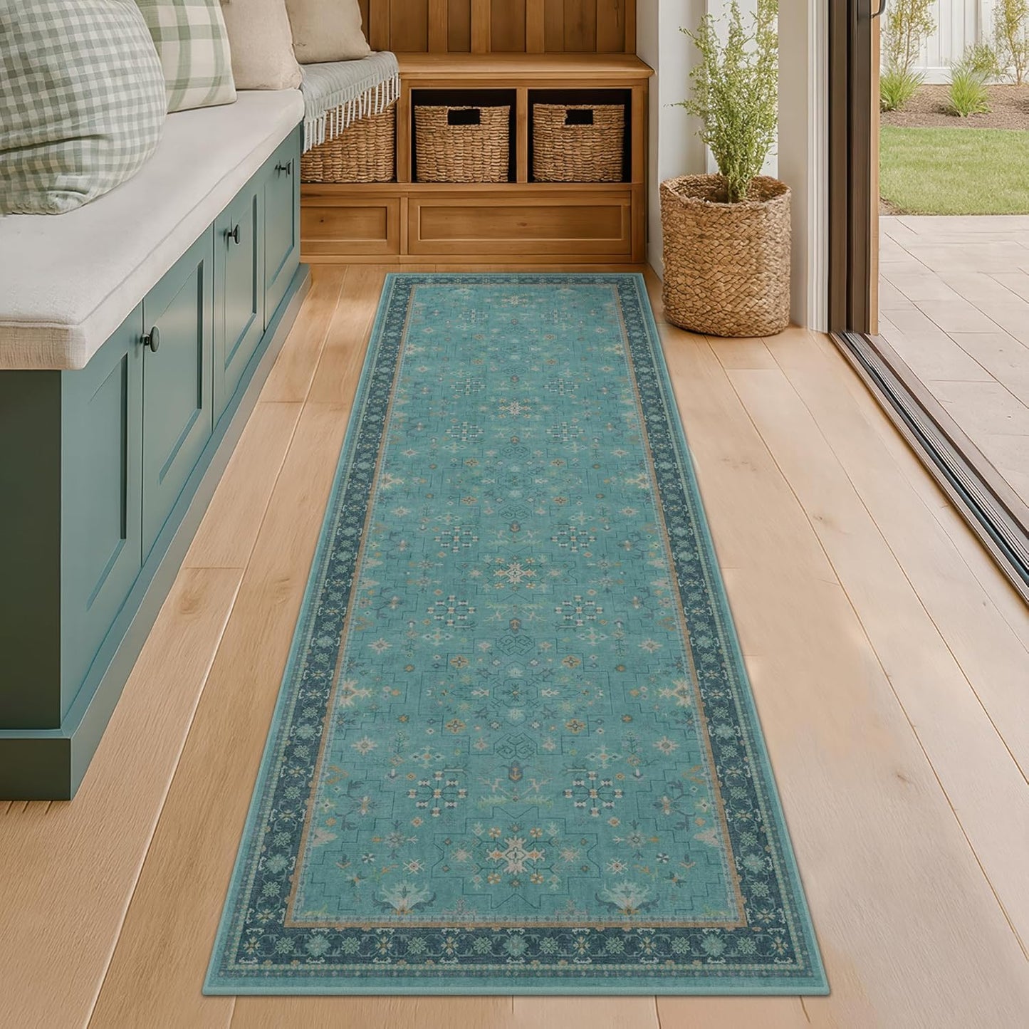 Boho 2x6 Non Slip Kitchen Rug Runner - Teal Washable Rug for Bathroom, Laundry Room, Hallway, Non Slip with Rubber Backing, Floral Aqua Blue Unique Runner Décor
