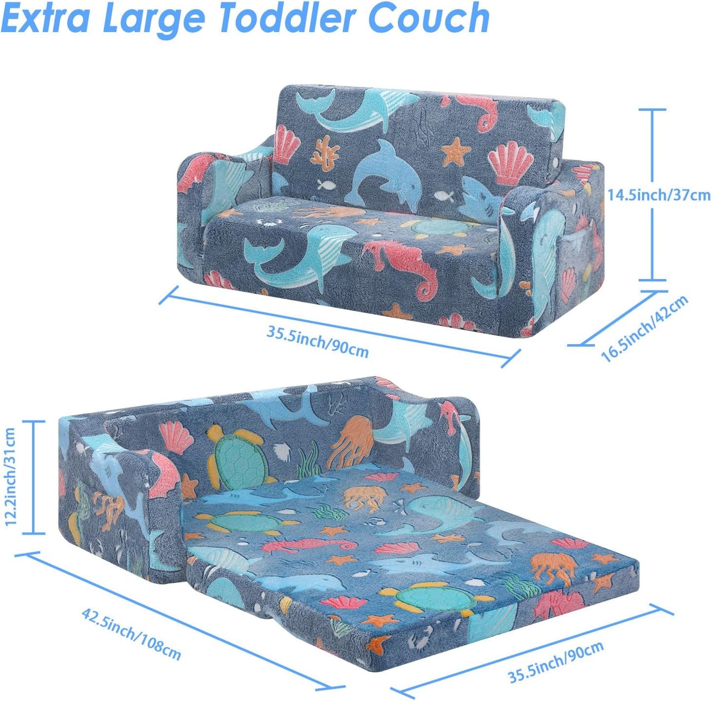 Kids Couch Extra Large,Glow in The Dark 2-in-1 Folding Kids Sofa Bed for Boys,2 Seats Convertible Sleeper Lounger Toddler Couch for Children Bedroom Playroom Nursery,Marine