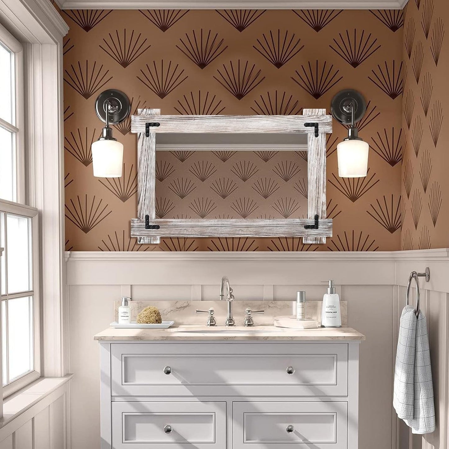 MeMoreCool Rustic Wood Framed Bathroom Mirror, Decorative Farmhouse Vanity Mirror, Wall Mounted Rectangular Mirror for Bedroom, Living Room, or Bathroom, Small 20x30 Inch, White