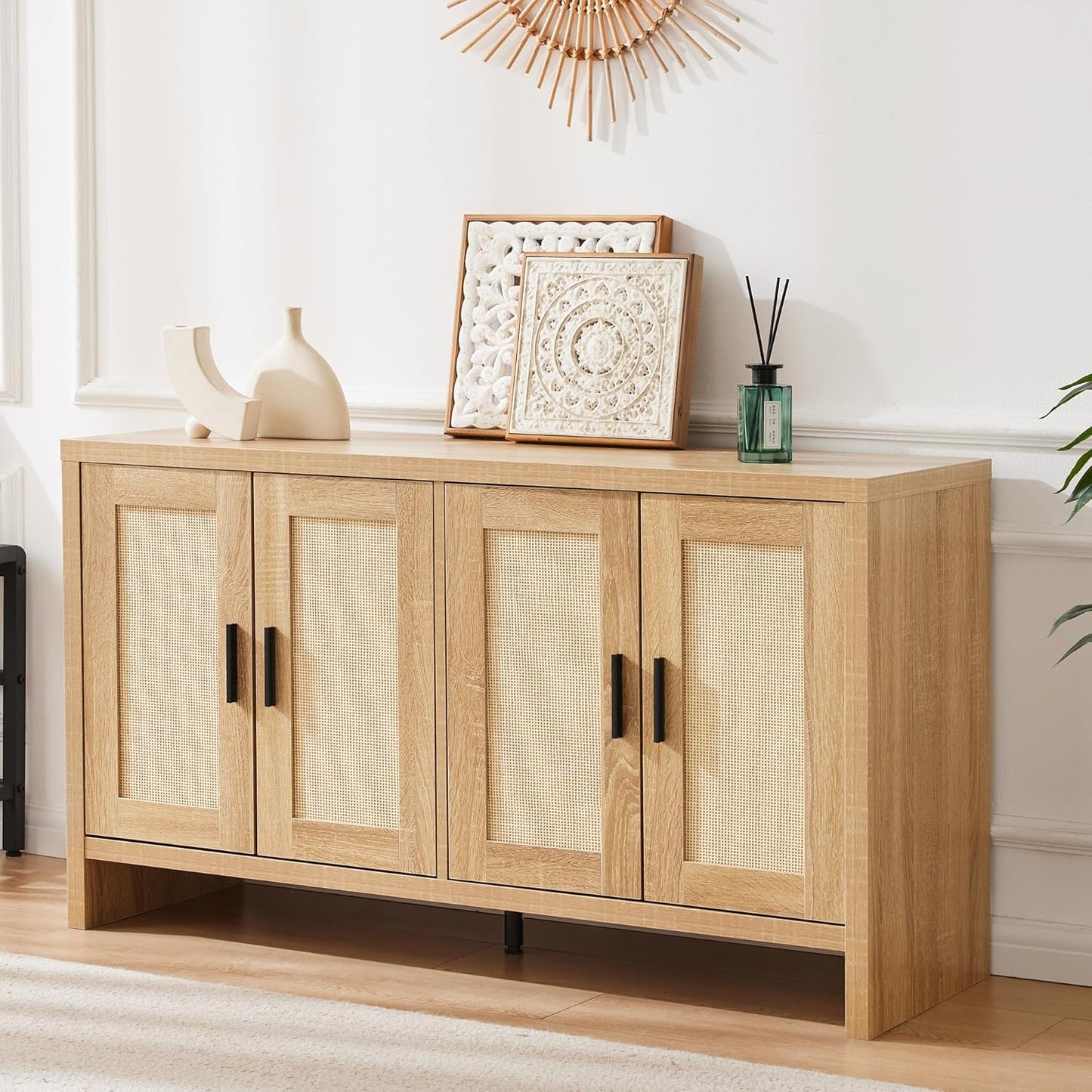 Rattan Buffet Cabinet with Storage, Sideboard Cabinet with Doors and Adjustable Shelves, Farmhouse Coffee Bar Station Table, Modern Wood Cupboard for Kitchen, Livingroom and Dining Room