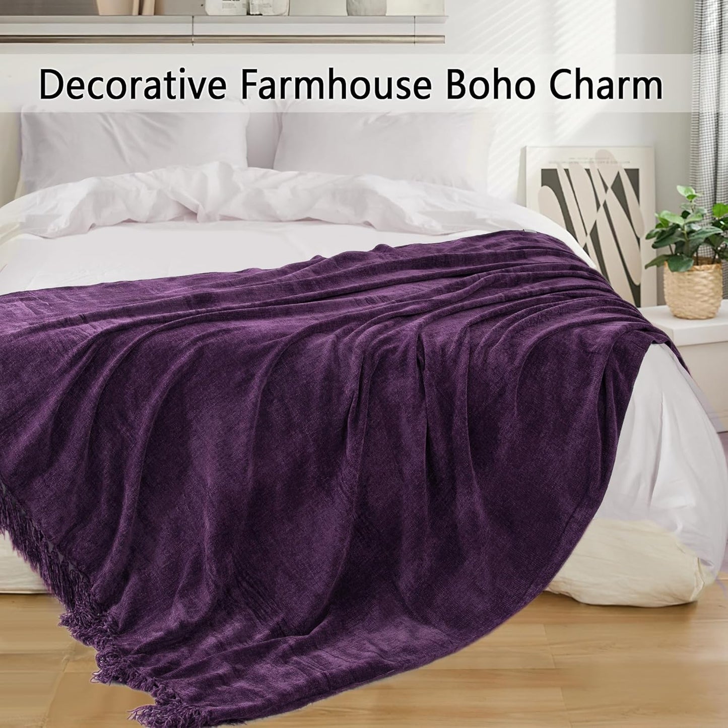 Chenille Throw Blanket for Couch 60"X 80" Twin, Soft Cozy Throws with Fringe Tassel for Bed Sofa Chair Cover, Lightweight Knitted Decorative Boho Blankets for Living Room, Dark Purple
