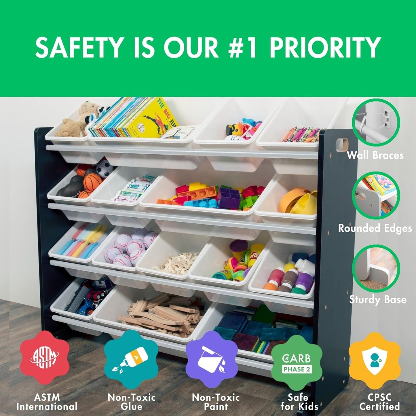 Humble Crew Supersized Toy Storage Organizer with 16 Removable Bins, Black/White – Large Toy Storage for Toddlers Ideal for Kids' Rooms, Playrooms, and Nurseries - Modern Toy Bins for Kids