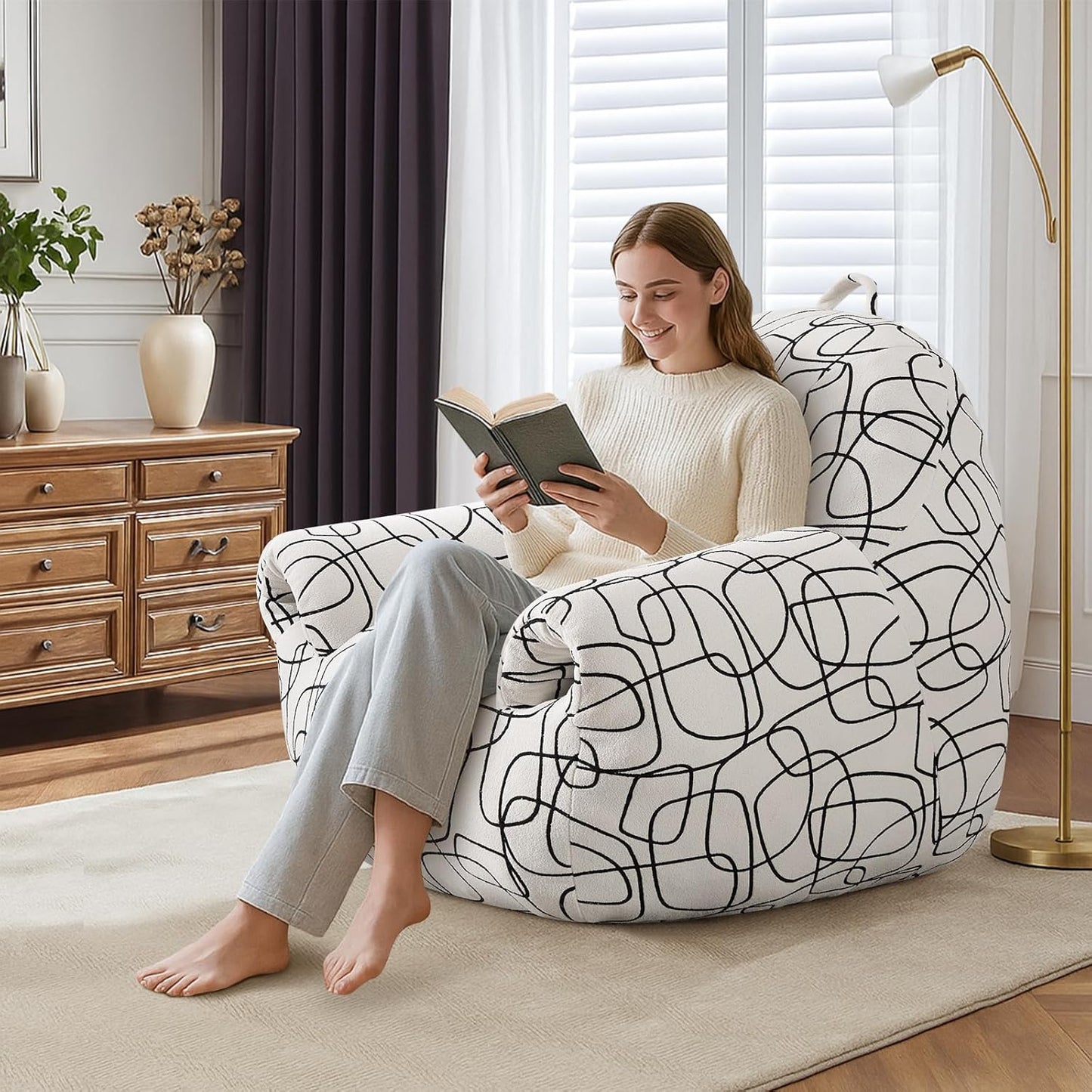 DAICO Bean Bag Chairs for Adults Bean Bag Sofa with Armrests Comfy Accent Chair White Single Lazy Floor Sofas with Foam for Living Room Reading Bedroom Gaming Office (Stripe Pattern)