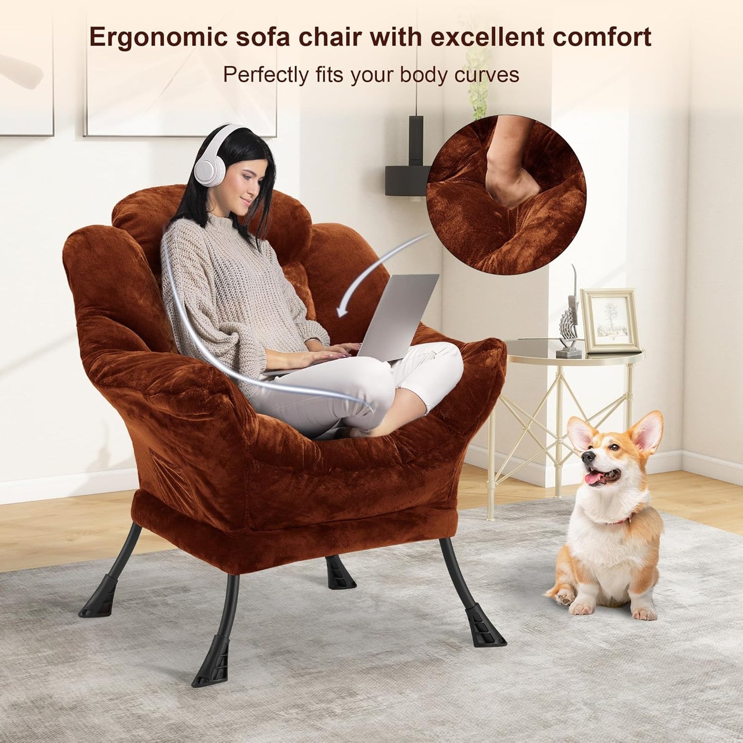 Fabric Lazy Chair for Adults, Oversized Upholstered Sofa Chair, Plush Comfy Lounge Chair with Large Side Storage Pocket, Thick Padded Reading Chair for Living Room, Bedroom, Study Room, Brown