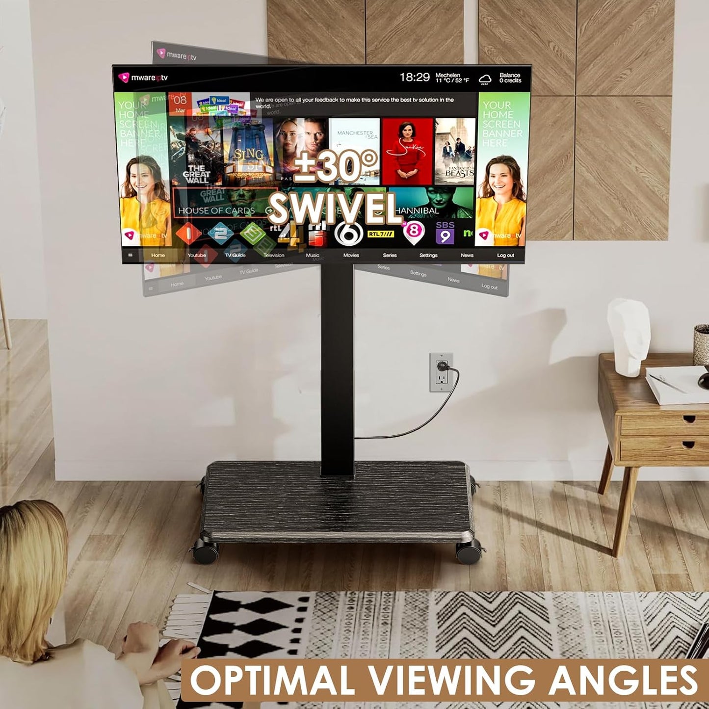 Rolling TV Stand with Power Outlet, Swivel Mobile Portable TV Cart for 32-75 Inch TVs up to 110 lbs, Landscape to Portrait, Height Adjustable Outdoor TV Stand with Wheels, Max VESA 600x400mm