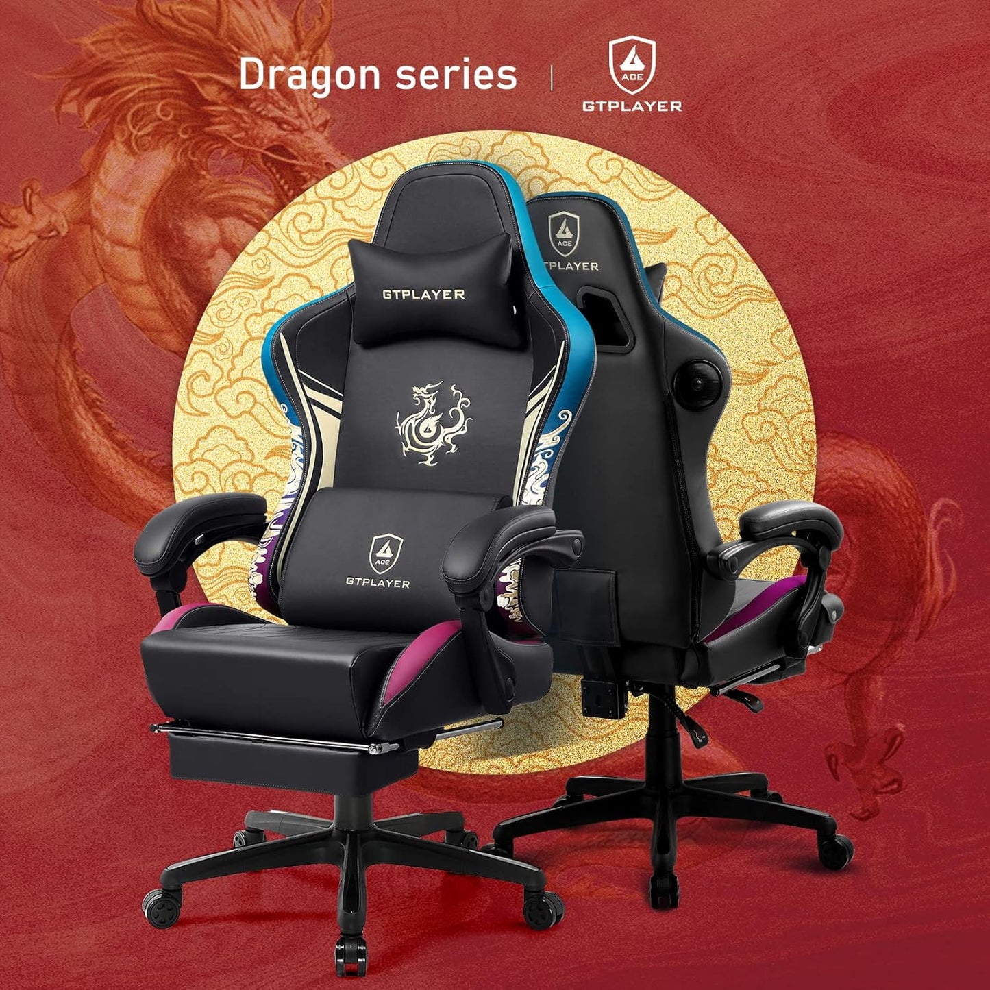 GTPLAYER Gaming Chair with Bluetooth Speakers and Footrest, Dragon Series Video Game Chair ，Heavy Duty Ergonomic Chair，Esports Gaming Chair，Computer Office Desk Chair by GTRACING(Black)