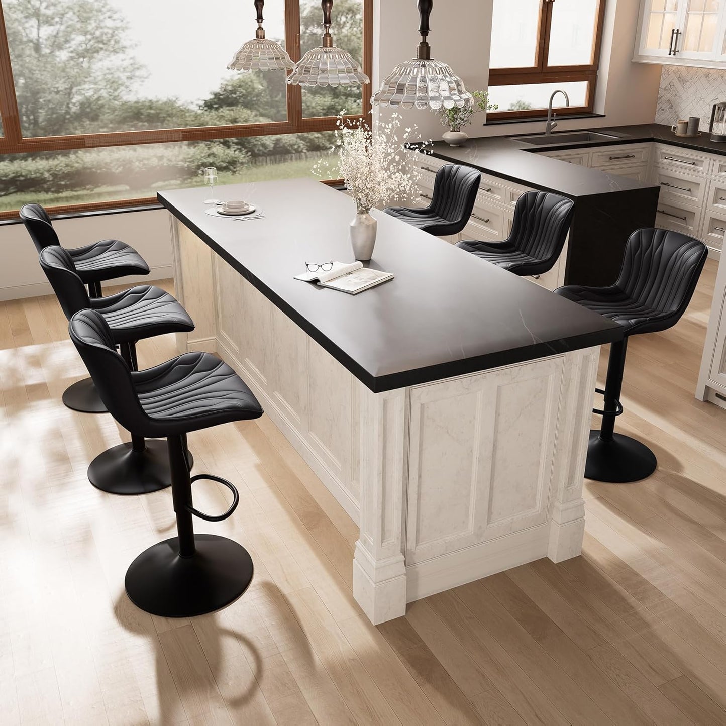 YOUNIKE Black Bar Stools Set of 6 Modern Swivel Counter Height Bar Chair with Back Adjustable Kitchen Island Faux Leather Padded Barstools taburetes de bar Breakfast sillas para barra de cocina 6PCS