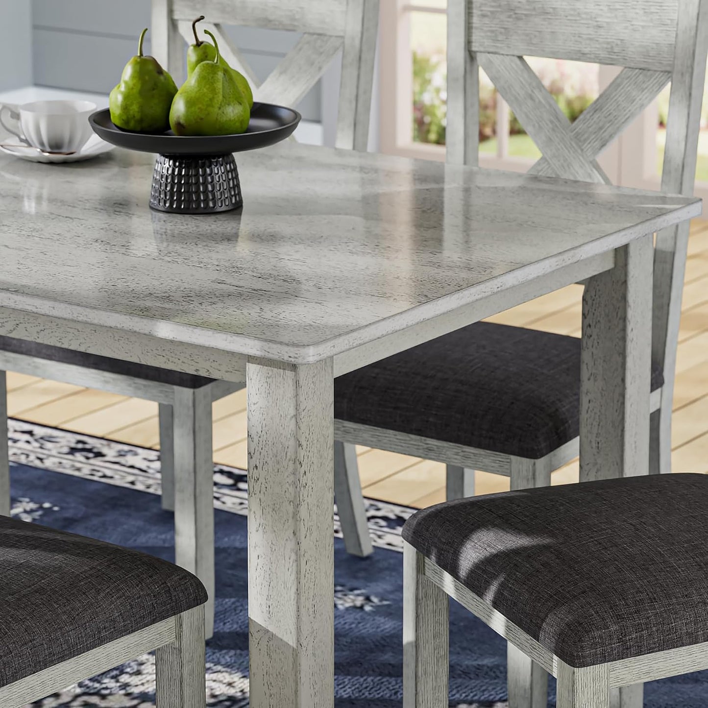 VECELO Peatuk 6-Piece Solid Wood Dining Table Set for 6, Modern Breakfast Dinette Kitchen Table with Chairs for Dining Room, Kitchen, Grey