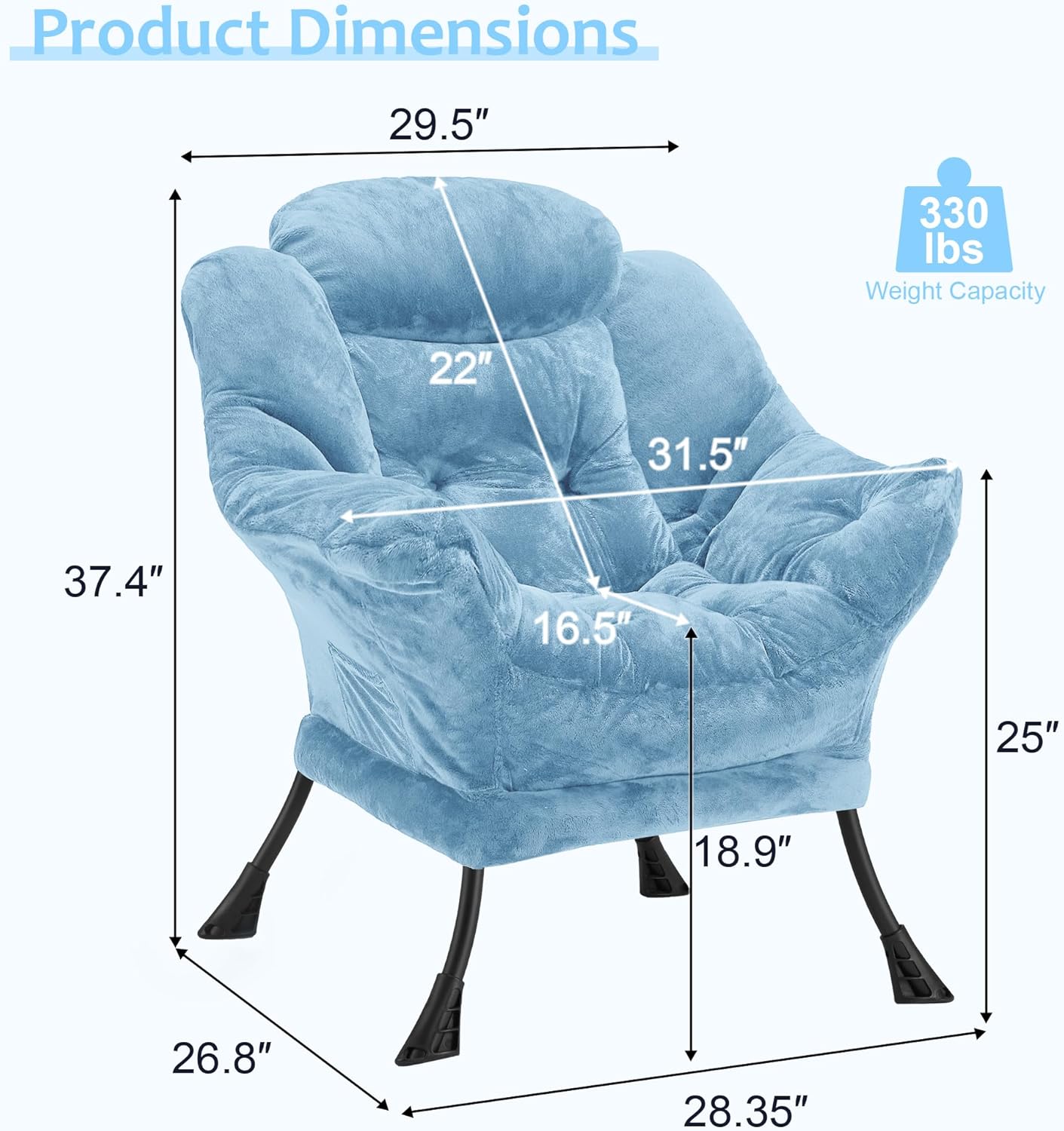 Fabric Lazy Chair for Adults, Oversized Upholstered Sofa Chair, Plush Comfy Lounge Chair with Large Side Storage Pocket, Thick Padded Reading Chair for Living Room, Bedroom, Study Room, Blue