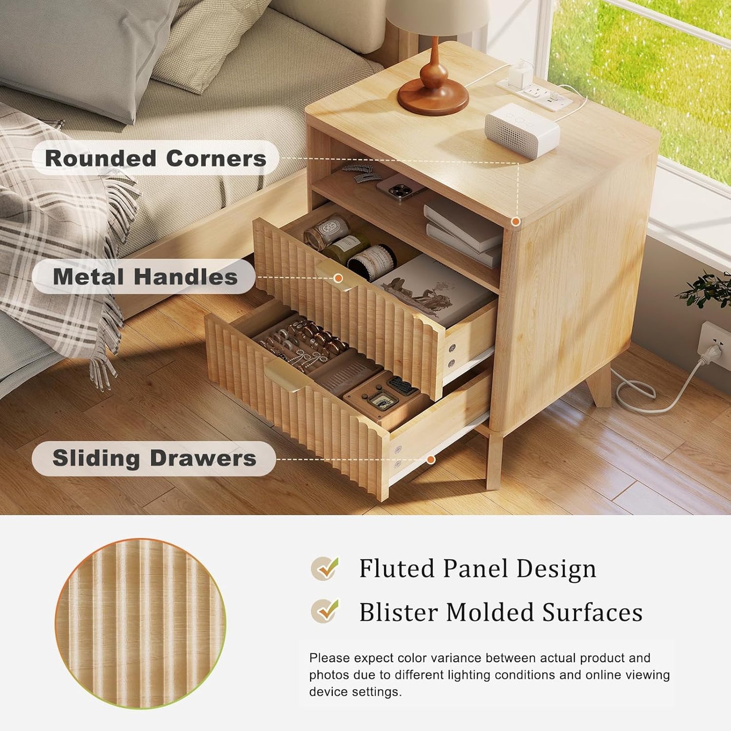 Fluted Nightstand with Charging Station, 19.7 inch Wide End Table with 2 Drawers, Modern Wood Bedside Table for Bedroom(Natural)