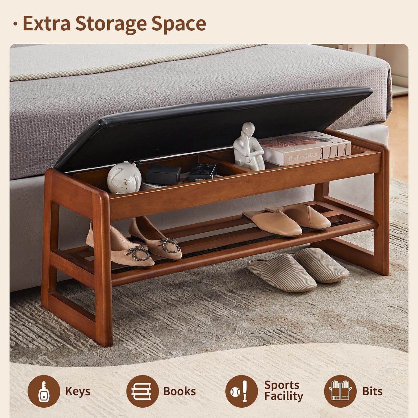 Shoe Rack Bench with Storage-Wood Shoe Bench for Entryway 40" 2 Tier Shoe Organizer with Cushion, PU Solid Wood LEDs Flip Top Entryway Shoe Organizer Space Saving Hallway