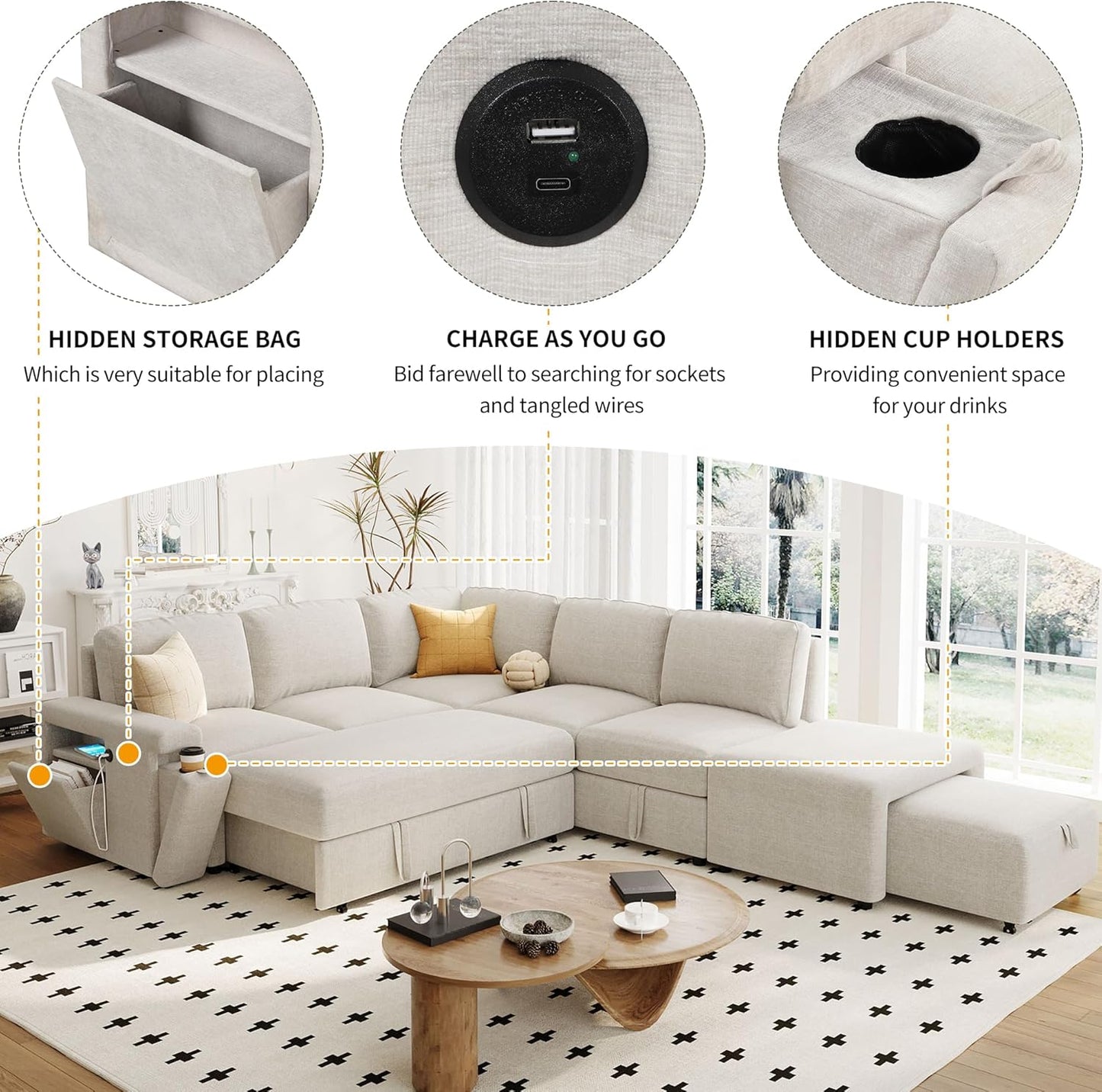 Merax L-Shaped Modular Sofa with Removable Storage Ottoman, USB Ports and Cup Holder, Upholstered Sectional Couch & Armrest, Free Combination Indoor Furniture for Living Room, Apartments, Beige