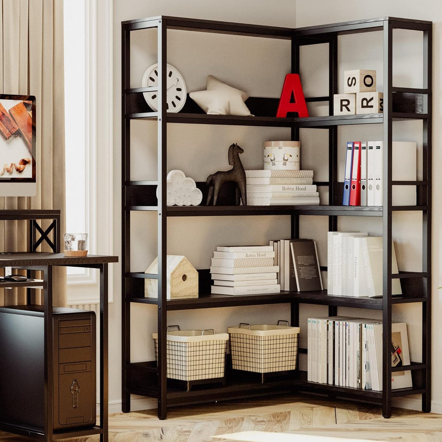 IRONCK Industrial Bookshelves 5 Tiers Corner Bookcases with Baffles Etagere Shelf Storage Rack with Metal Frame for Living Room Home Office