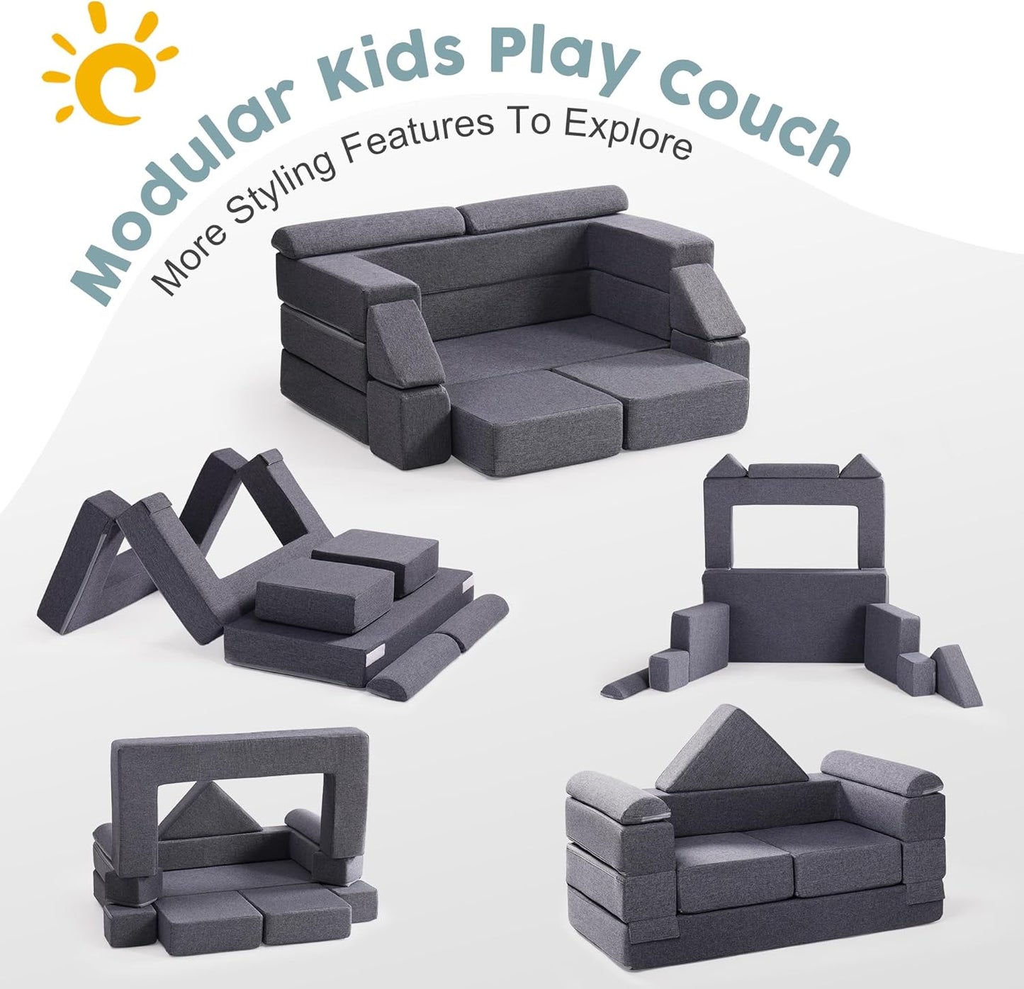 ROBOTIME Modular Play Couch for Kids – Convertible Foam Toddler Sofa for Boys & Girls, Kids Couch for Playroom & Bedroom, Versatile Building Sofa for Forts and Reading Nooks (Space Grey)