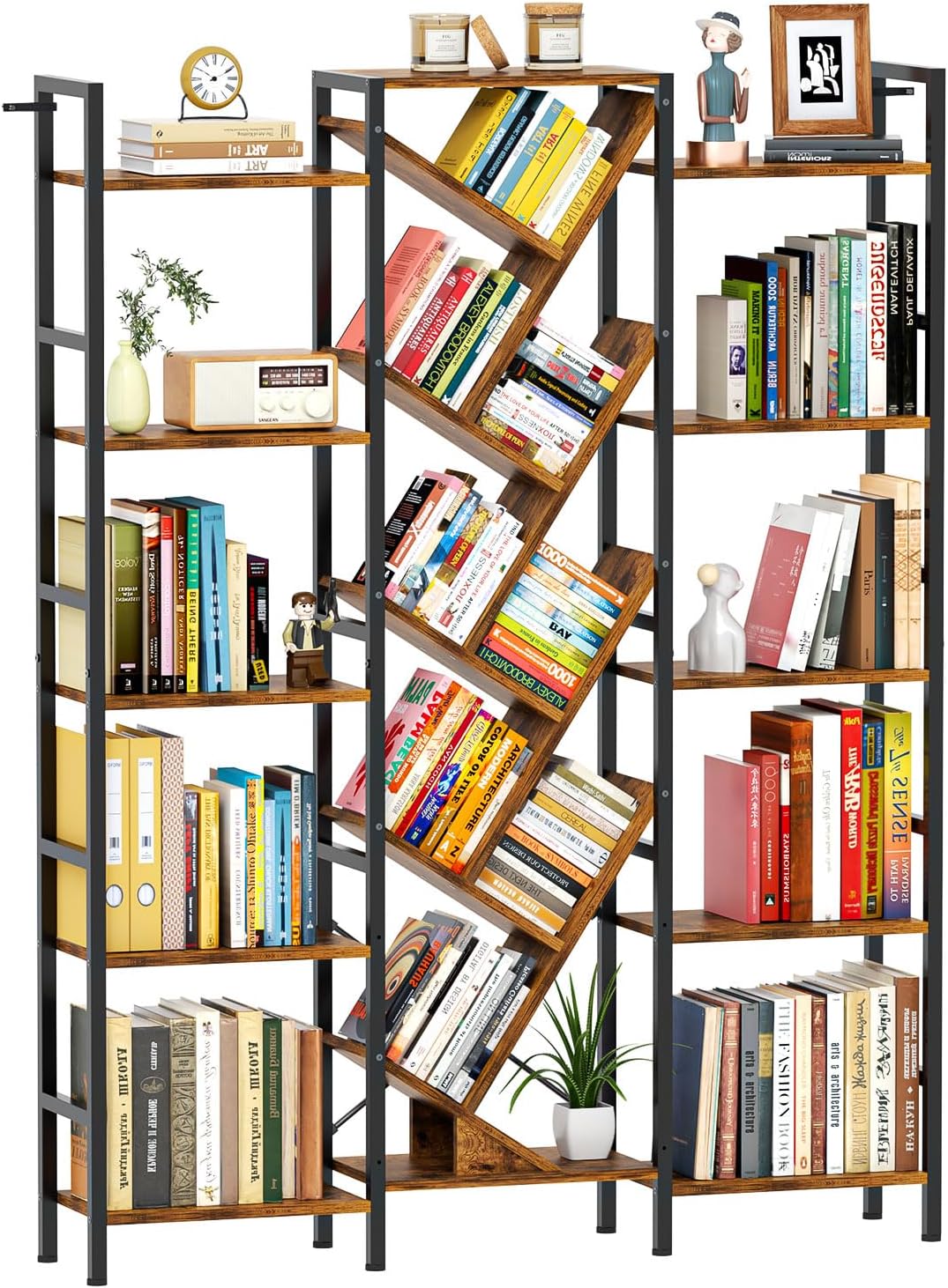 Triple 5 Tier Bookshelf, Large Bookcase Industrial Bookshelf with 19 Open Display Shelf, Wooden Wide Tall Tree Bookshelf for Living Room Home Office, Rustic Brown