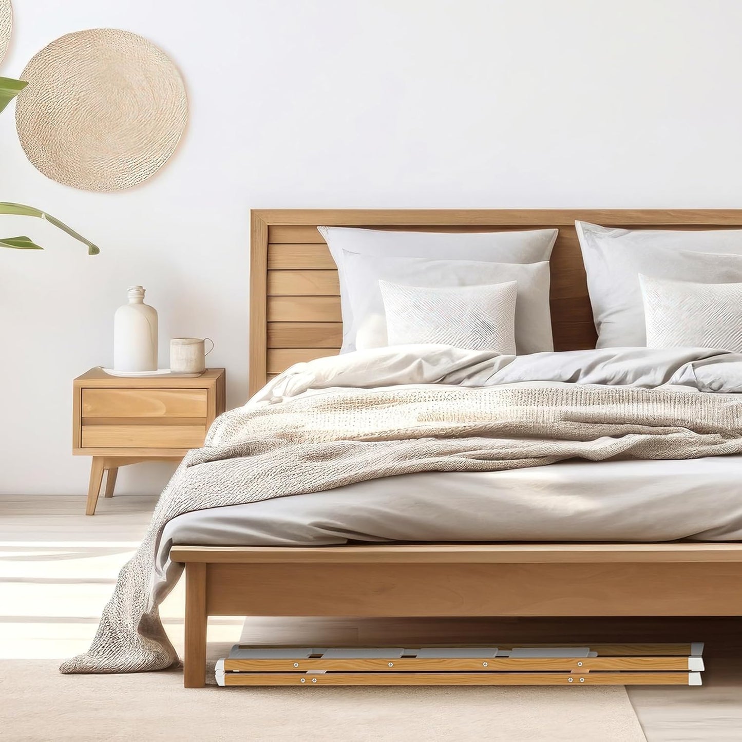 Lightweight Folding Step Ladder Household, Aluminum 4 Step Ladder Foldable for Home, Sturdy Step Stool for Adults 330 Lbs - White & Wood Grain