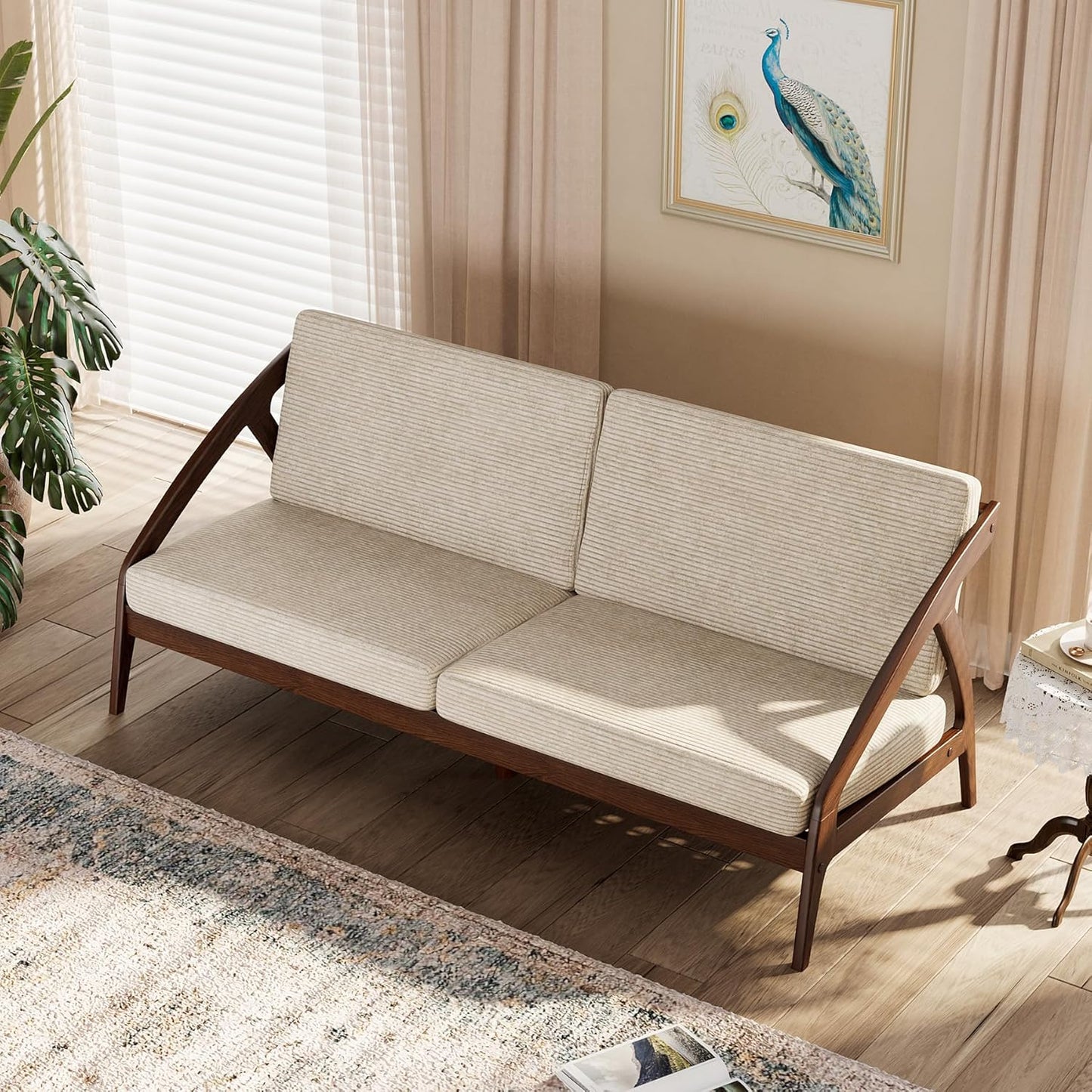 73.4" Solid Wood Upholstered Sofa, Comfortable Seat Cushion, White Waxwood Full Solid Wood Frame, Removable Cover, Suitable for Bedroom and Living Room, Easy to Assemble, Office Sofa