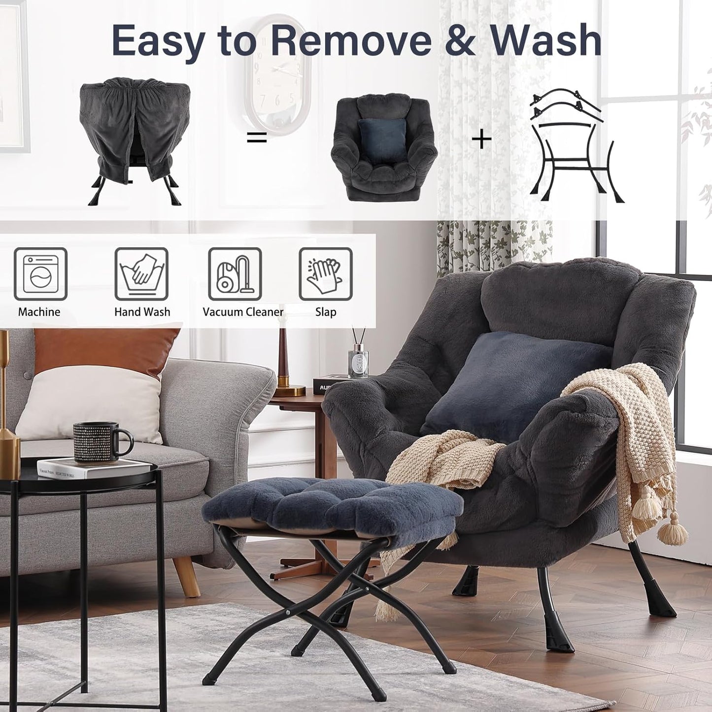 Lazy Chair with Ottoman, Reading Chair with a Pillow, Leisure Sofa Armchair with Ottoman, Large Accent Lounge Chair for Bedroom, Living Room, Dorm Room, Plush Blue-Gray