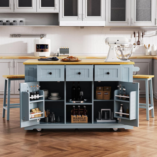 YOTPO 53" Large Kitchen Island with Drop Leaf,Power Outlet & Door Internal Storage Rack,Rolling Kitchen Cart on 5 Wheels W/ 5 Open Side Racks for Kitchen,Dining Room,Grey Blue(Not Include bar stools)