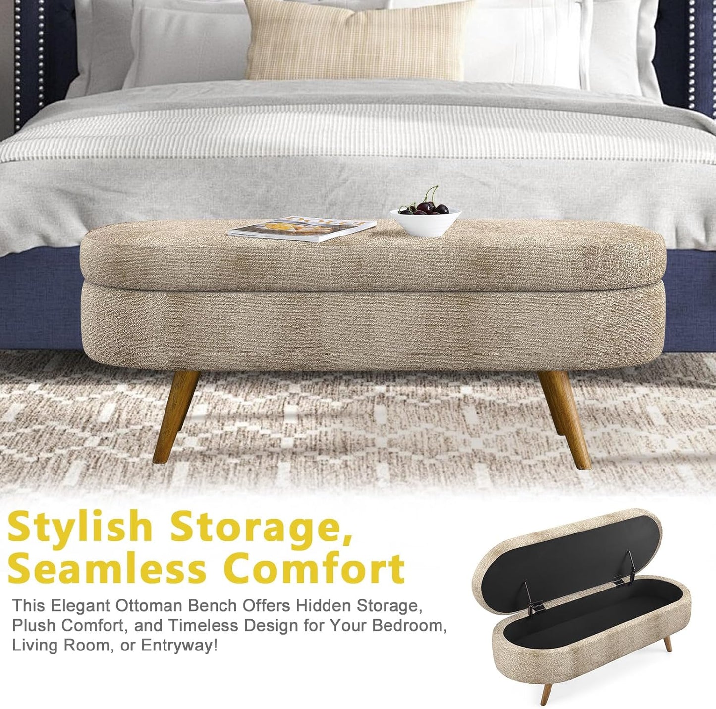 NicBex Ottoman Bench with Storage for Bedroom, 43.5" Upholstered End of Bed Bench with Rubber Wood Legs, Linen Storage Bench for Living Room or Entryway,