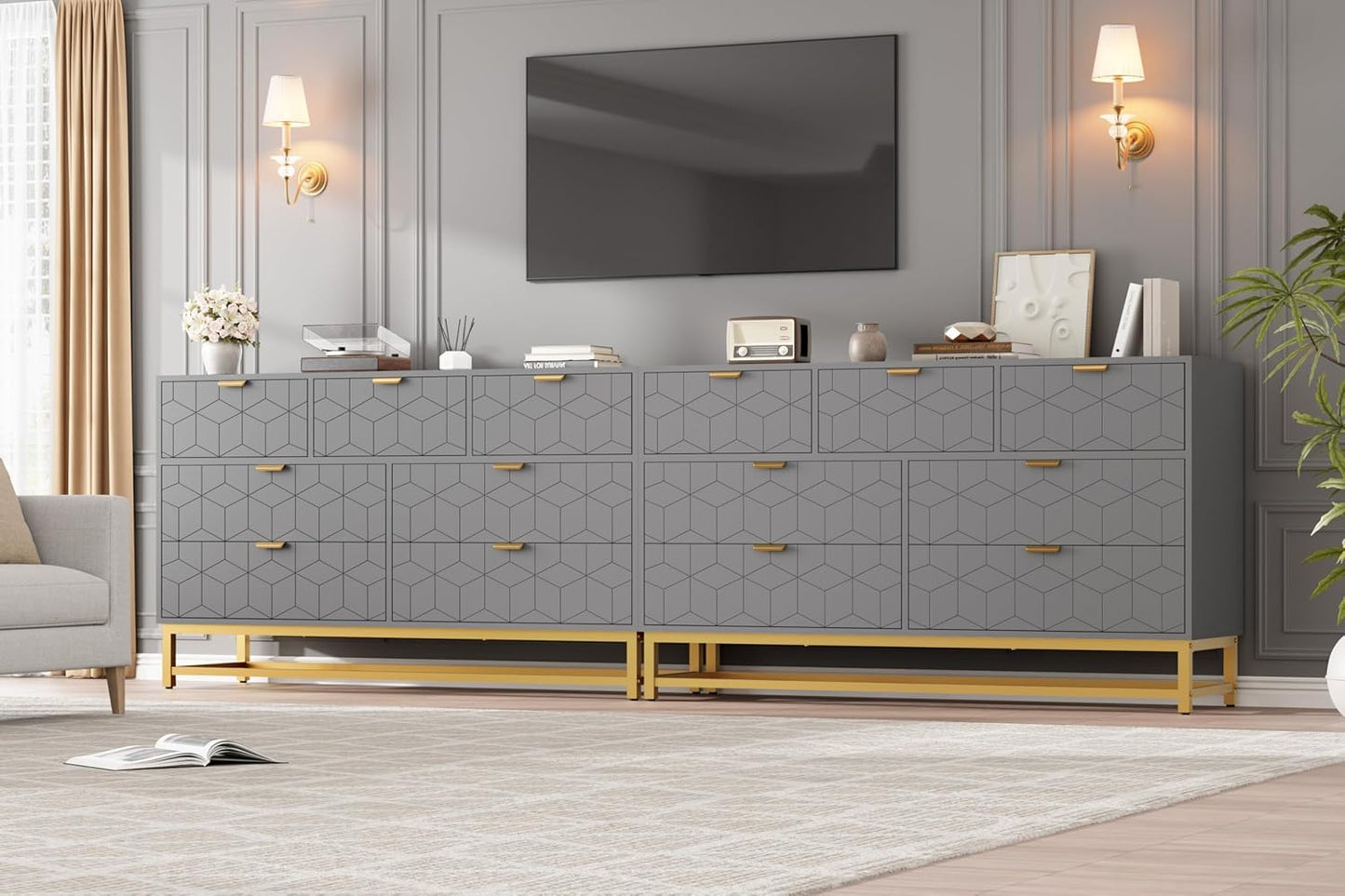 Dresser for Bedroom, 53.5" Wide Dresser Organizer, 7 Drawer with Golden Metal Handle and Legs, Modern Chest of Drawers for Closet, Hallway, Living Room, Entryway, Grey