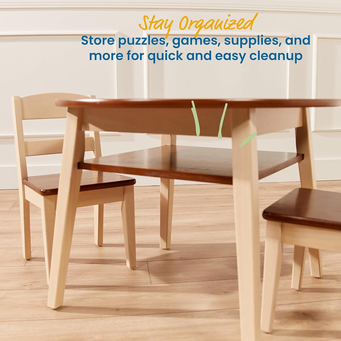 ECR4Kids Hideaway Table and Chair Set, Kids Furniture, Dark Walnut/Antique White, 3-Piece