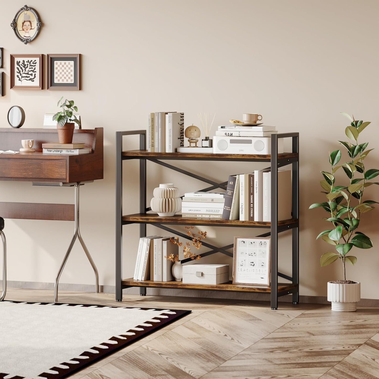 Homeiju 3 Tier Bookshelf 31.49" Width, Wood and Metal Etagere Bookcase, Vintage Farmhouse Modern Wooden Big Book Shelf for Home Living Room Bedroom Office Storage(Rustic Brown)