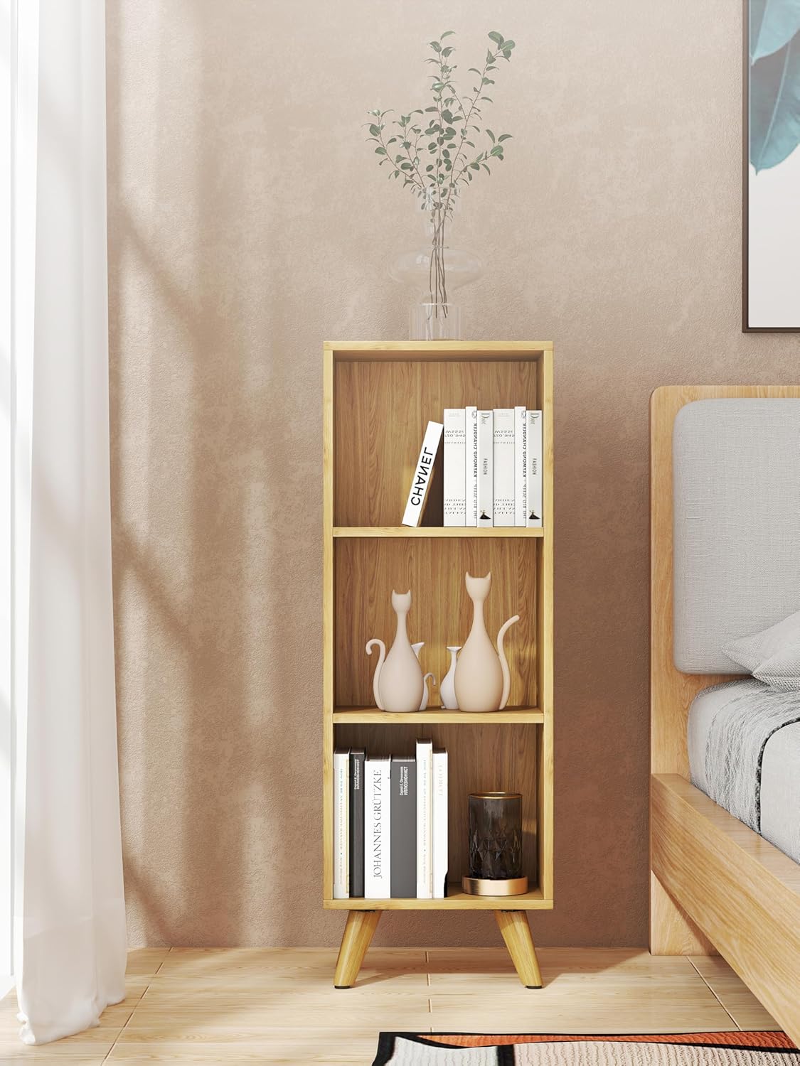 Manora Small Bookcase with 3 Open Shelves, Modern Bookshelf with Wooden Legs, Narrow Storage Organizer for Living Room, Bedroom, Office, Oak