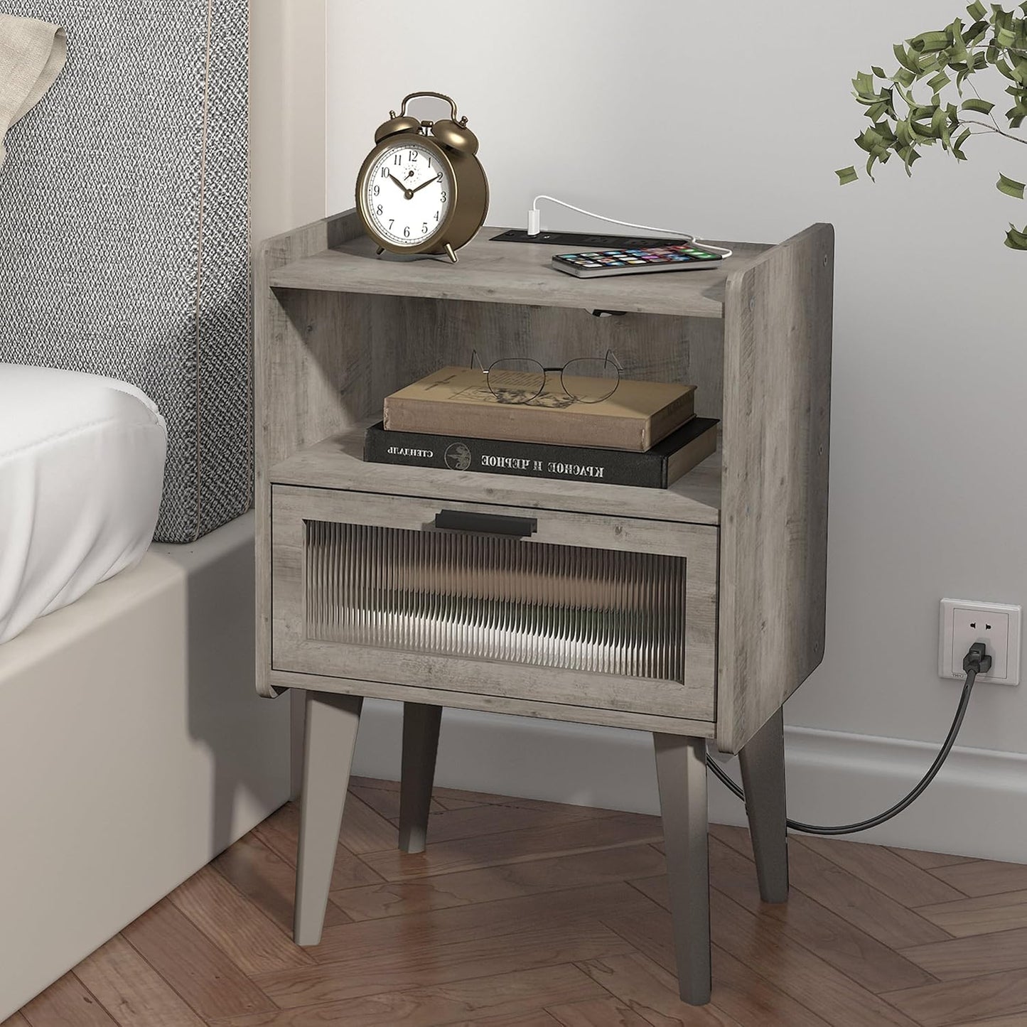 Nightstand with Charging Station, Bedside Tables Oak Grey End Table Side Table with 2 Tiers Storage Space, for Bedroom Living Room MLBZ07GE