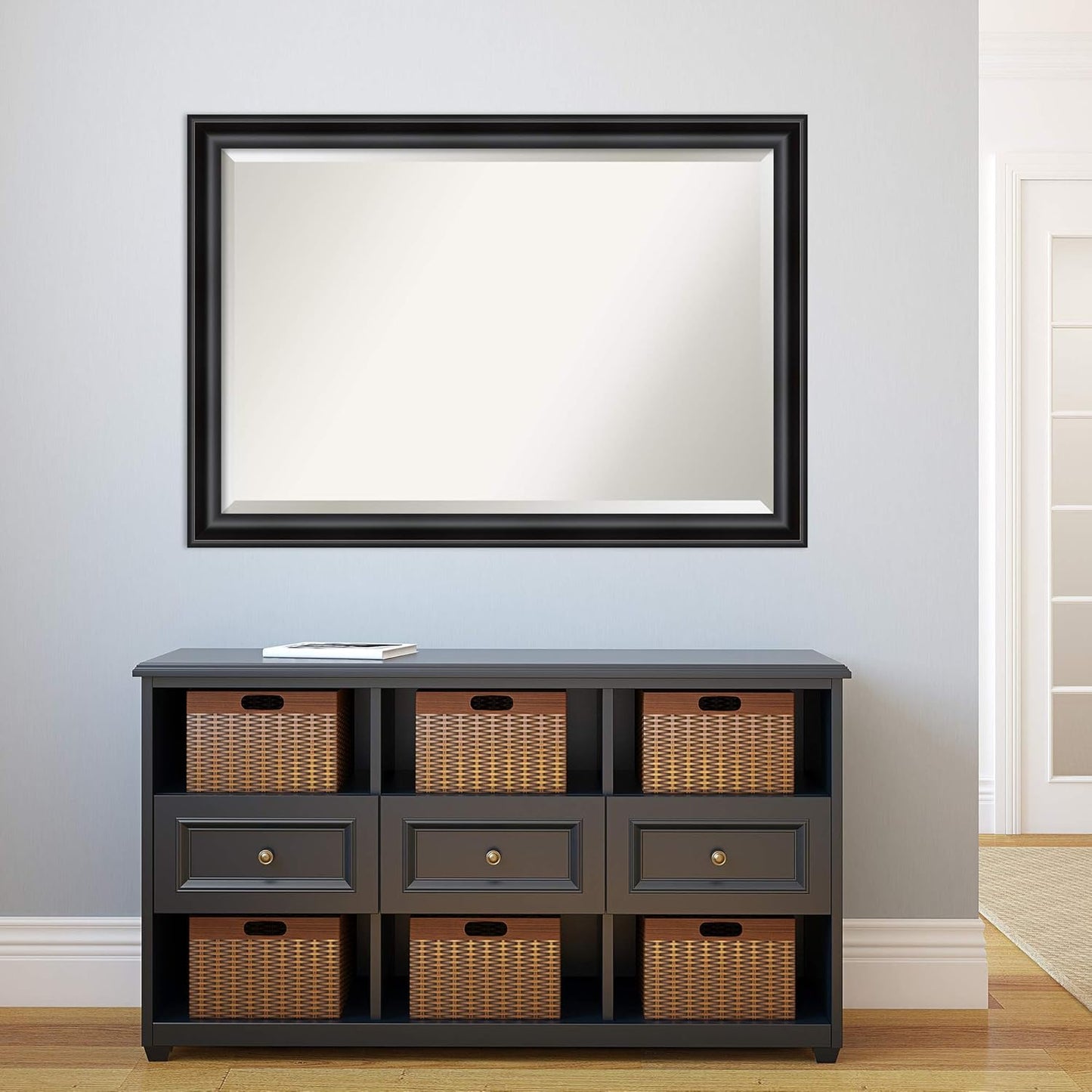 Amanti Art Black Bathroom Mirror for Over Sink, 28x40 Grand Black Narrow Rectangle Vanity Mirror, Large Casual Frame, Hangs Horizonally and Vertically, Bathroom Wall Decor, Beveled Edge