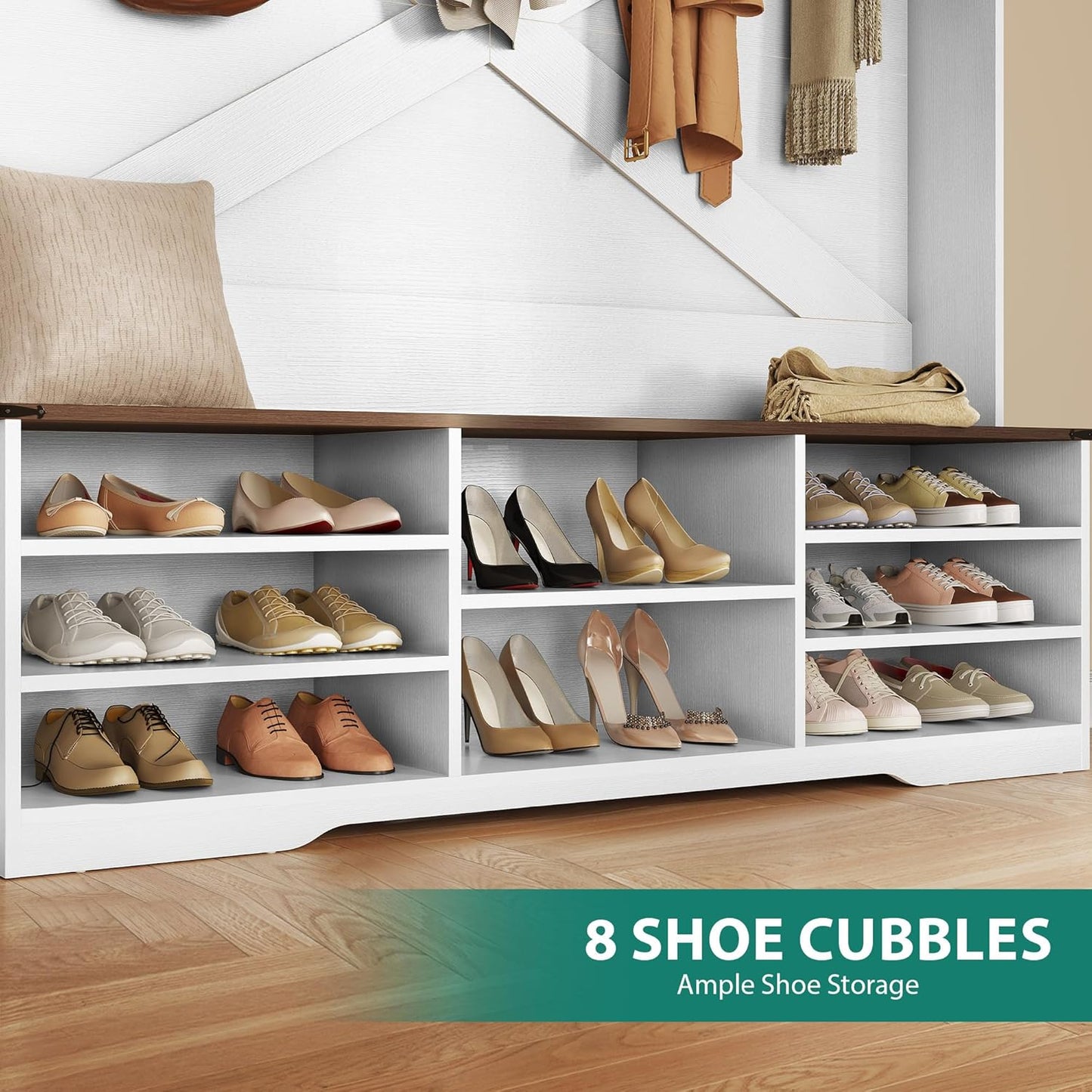 YITAHOME Hall Tree with Bench and Shoe Storage, Mudroom Storage Modern Shoe Cabinet with Bench & 9 Double Prong Hooks, for Entryway & Living Room, Walnut & Off-White