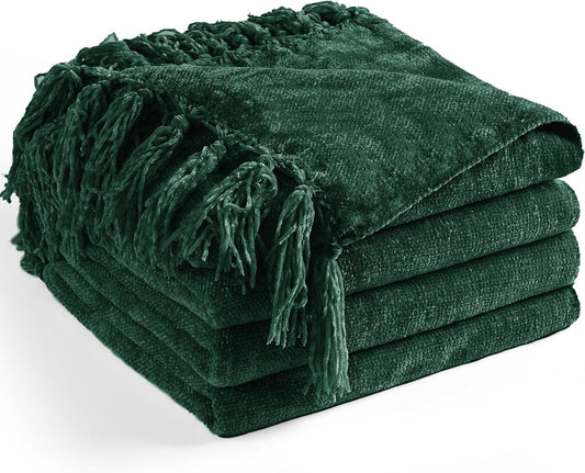 Chenille Throw Blanket for Couch 60"X 80" Twin, Soft Cozy Throws with Fringe Tassel for Bed Sofa Chair Cover, Lightweight Knitted Decorative Boho Blankets for Living Room, Dark Green