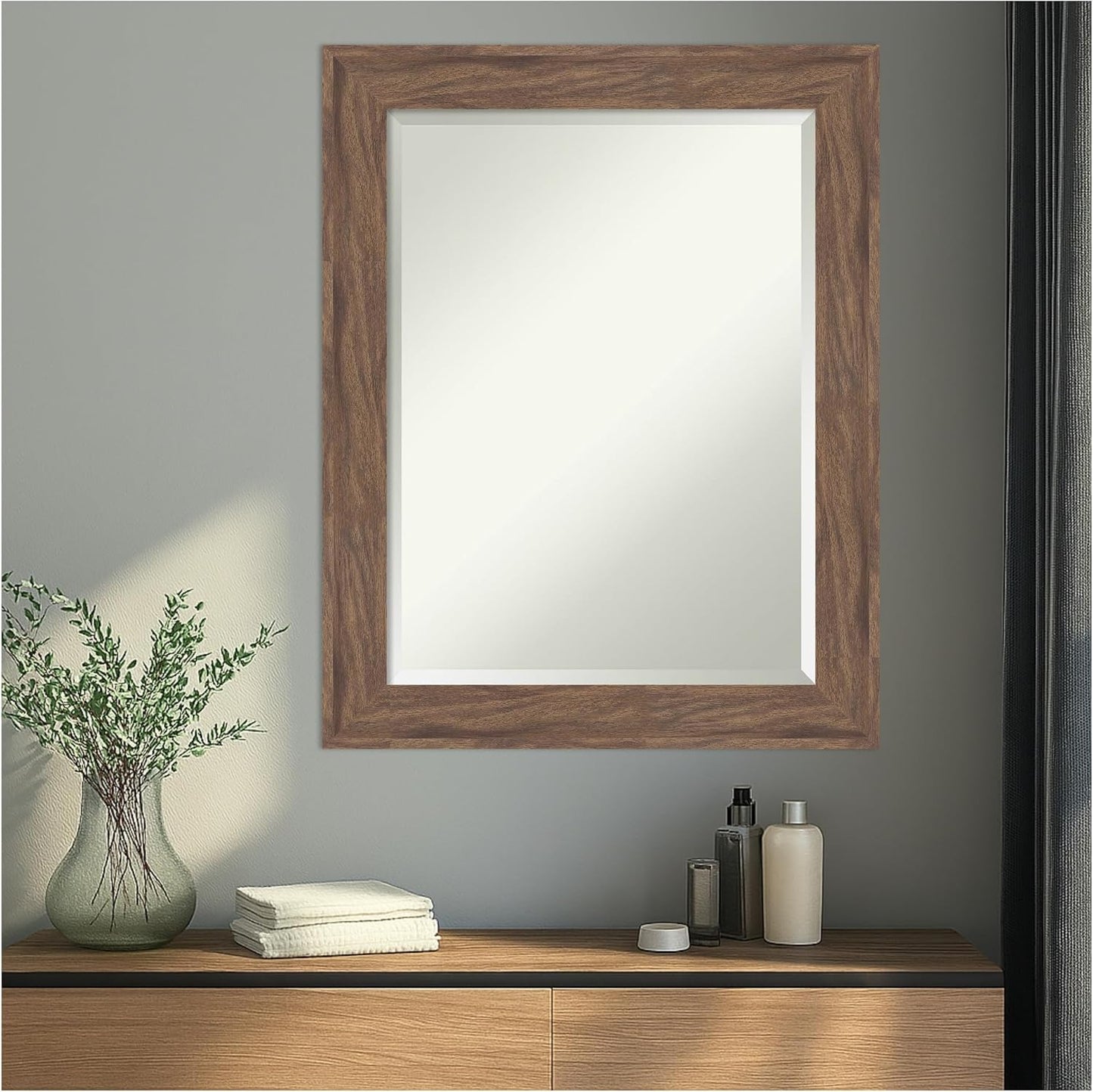 Amanti Art Brown Wall Mirror 29x23 Pia Medium Brown Rectangle Bathroom Mirror for Wall Decor Living Room, Medium Casual Frame, Hangs Horizonally and Vertically, Bathroom Decor, Beveled Edge