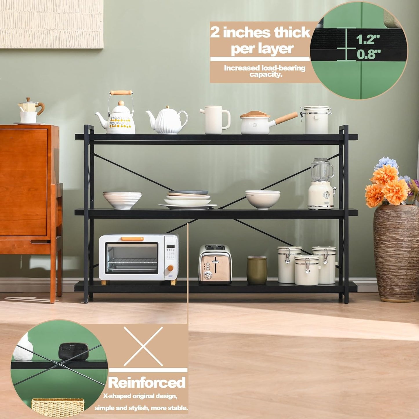 HCHQHS Bookshelf, 3-Tier Long Industrial Bookcase, Black Open Book Shelf, Freestanding Horizontal Bookshelves with Metal Frame