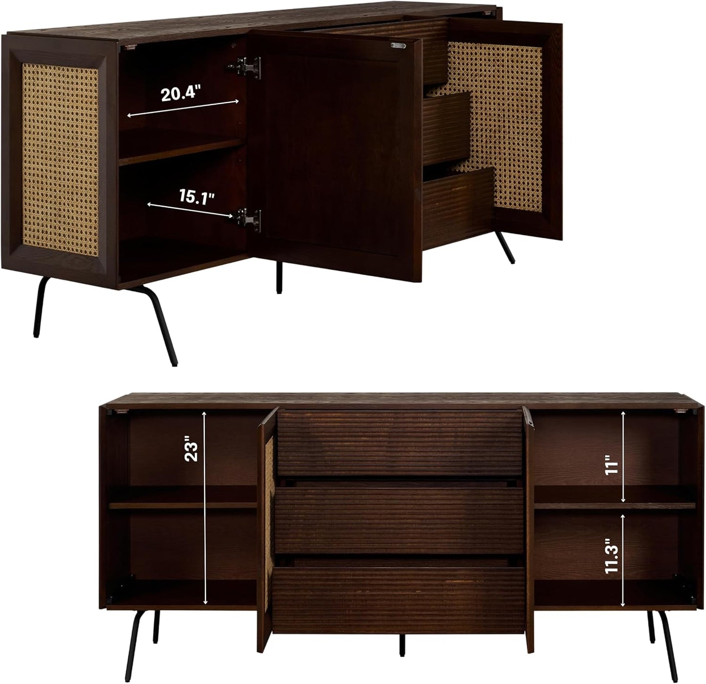 NTC MOSSIC Sideboard with 2 Doors and 3 Drawers, Buffet Cabinet with Natural Rattan and Metal Legs, Modern Storage Cabinet for Living Room, and Hallway, Effortless Assembly - Dark Walnut