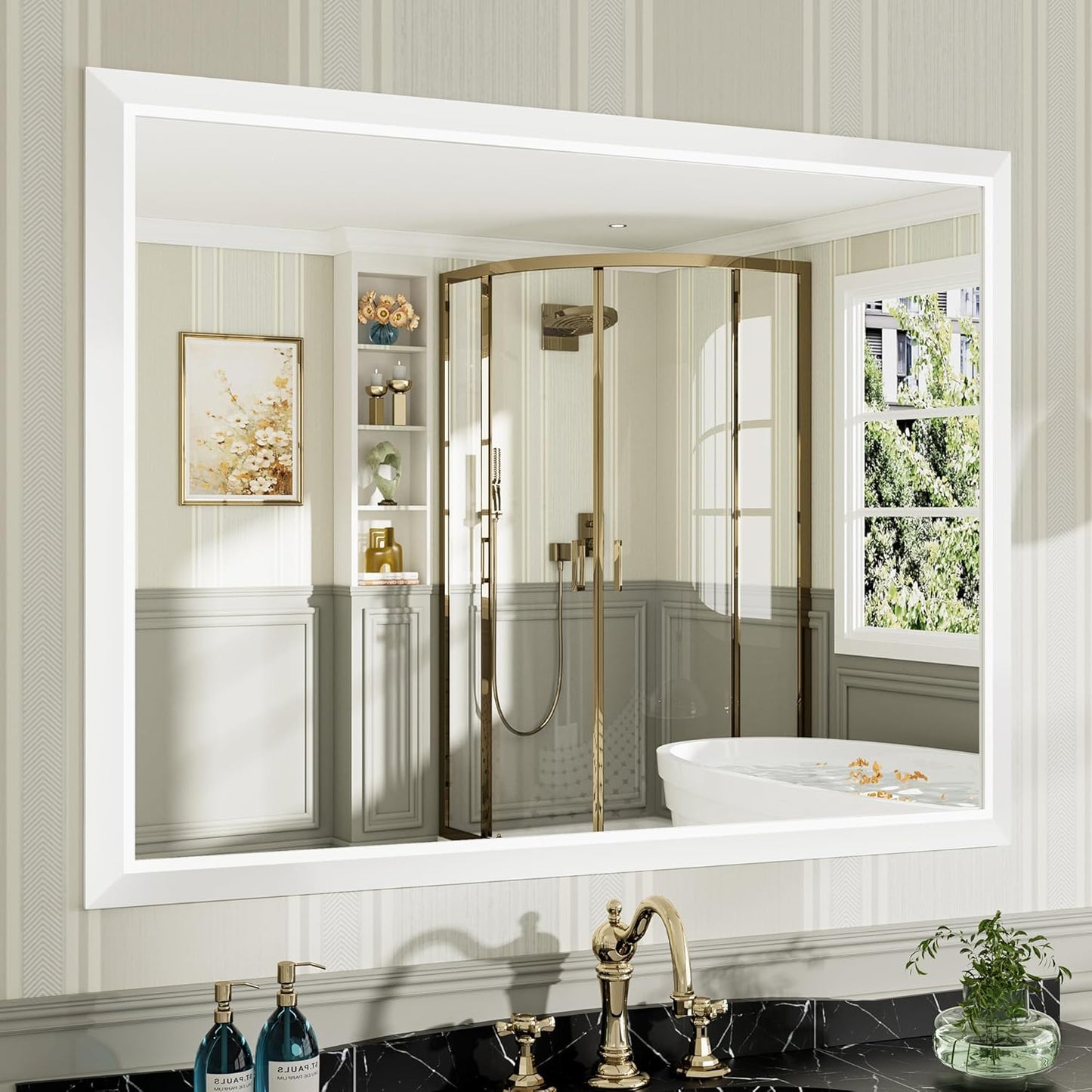 48x36 Inch White Bathroom Mirror for Wall, Thick Metal Framed Rectangle Mirrors for Over Sink, Bedroom, Living Room, Entryway, Anti-Rust, HD Tempered Glass