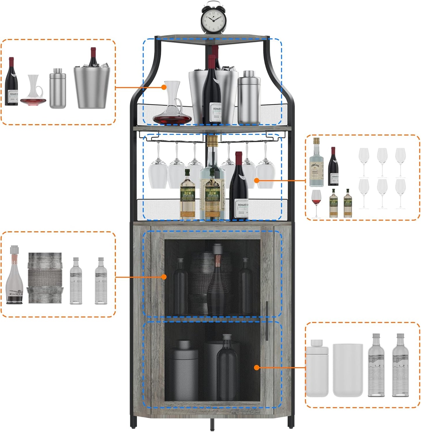 GAOMON Corner Wine Cabinet with Removable Wine Rack, Wine Bar Cabinet with Barn Door and Adjustable Shelves, Industrial Wine Cabinet for Dining Room, Living Room,Kitchen (Grey)