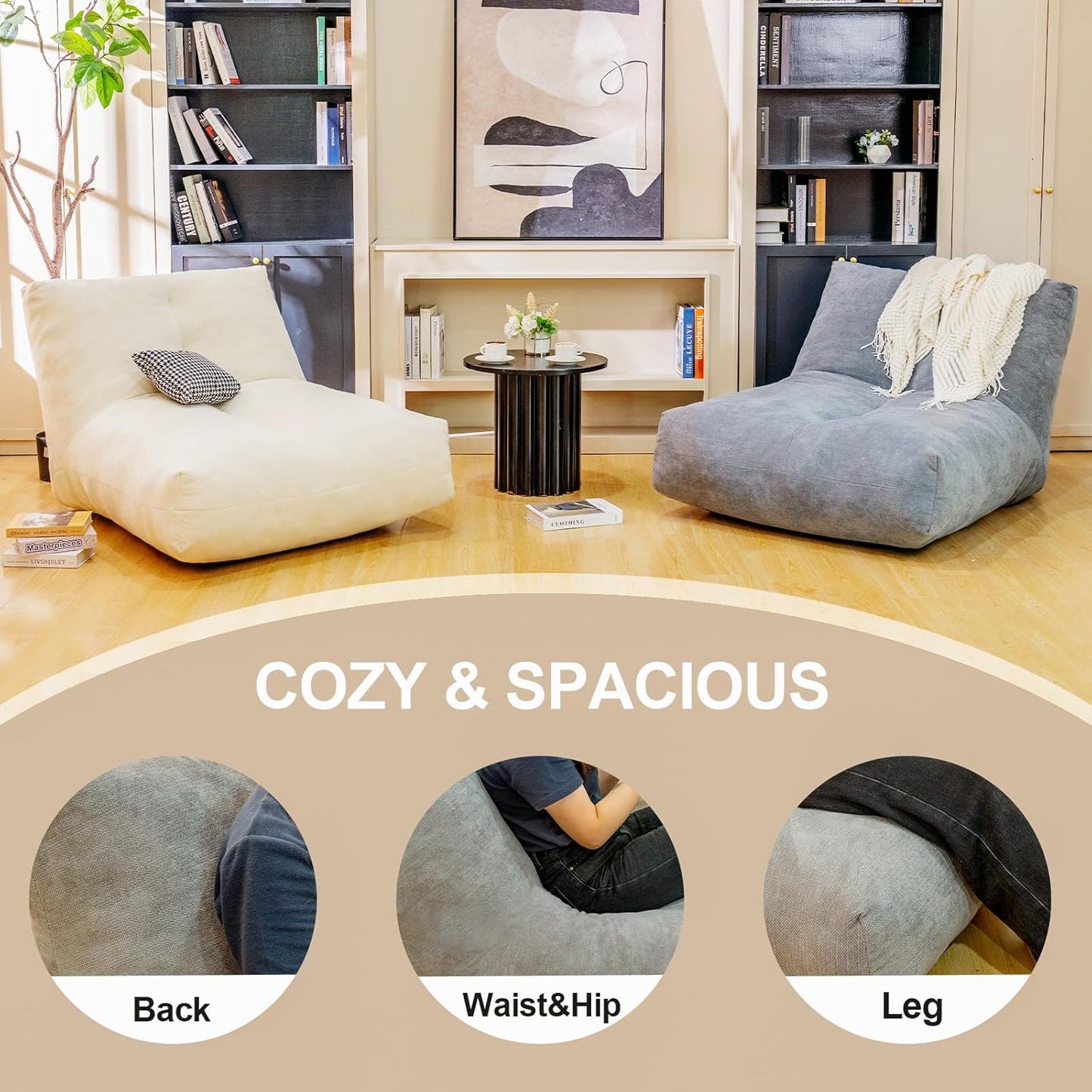 Bean Bag Chairs for Adults, Memory Foam Bean Bag Chair, Spacious Single Sofa, Ergonomic Support Reading Floor Sofa Chair with Filler, Comfy Cozy Beanbag Couch for Bedroom Living Room (Grey)