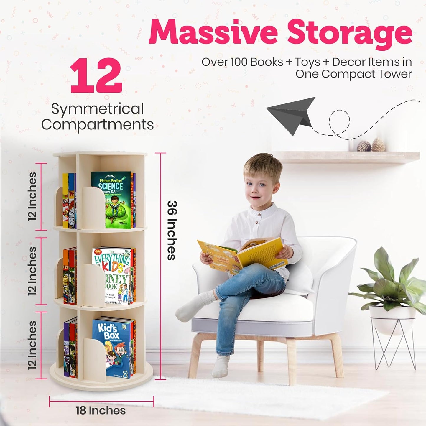 Rotating Kids Bookshelf – 3-Tier 360° Spinning Bookcase Tower, Solid Pine Wood, 12 Cubbies, Toddler Bookshelf Organizer & Lazy-Susan Storage for Nursery, Classroom or Playroom (Natural Finish)