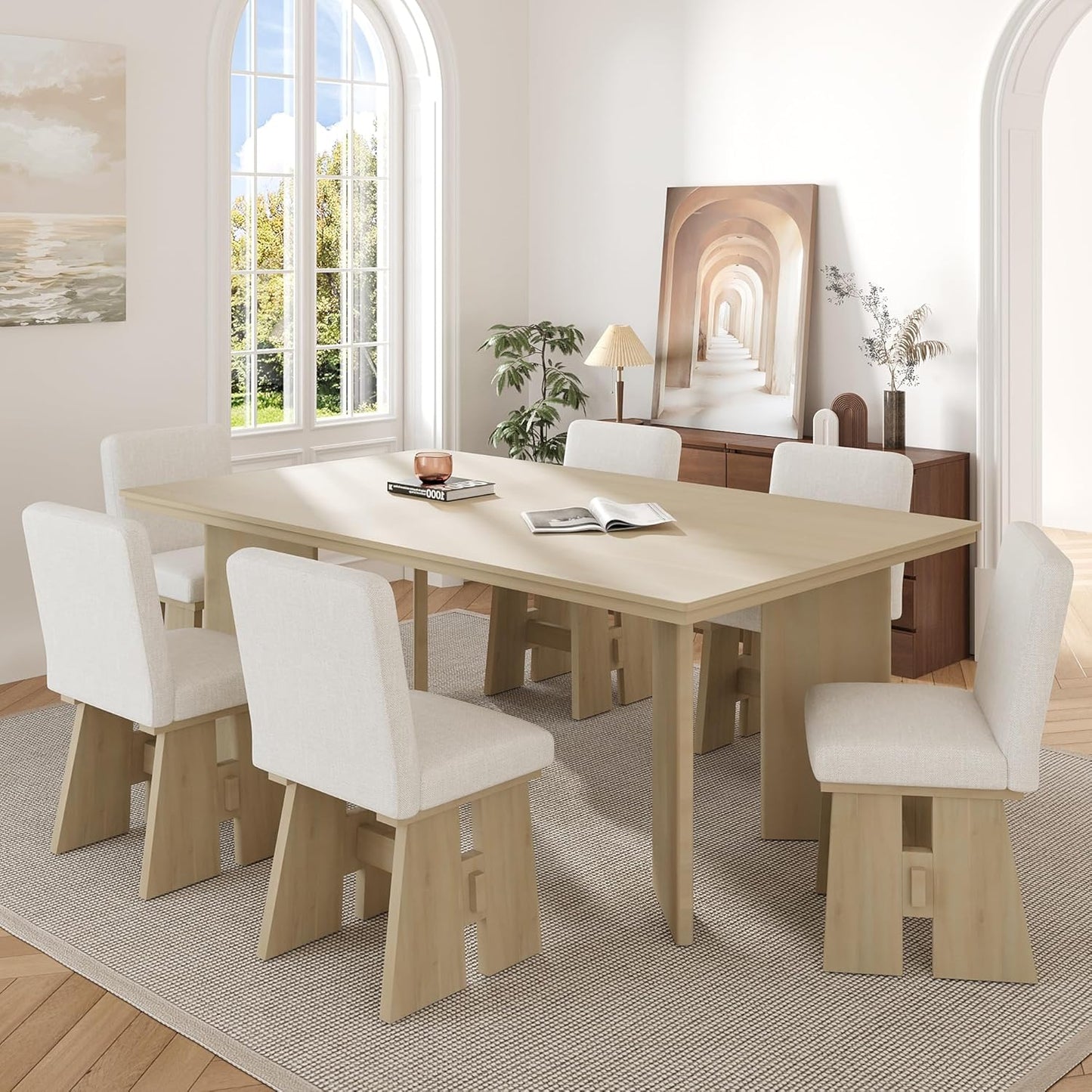 Ball & Cast Modern 7-Piece Dining Table Set with 6 Upholstered Chairs,Wood Tables Sets w/Space-Saving Design,Kitchen Furniture Suitable Big Family Gatherings,Natural