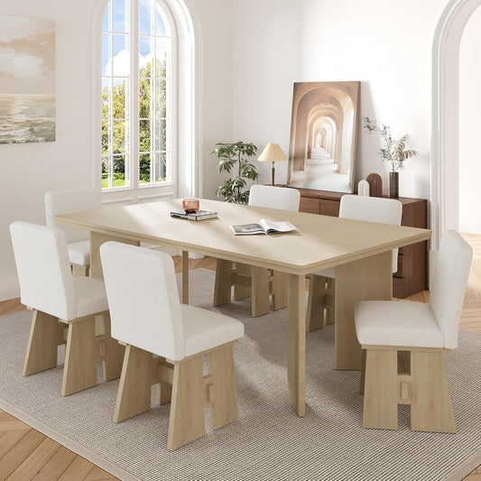 Ball & Cast Modern 7-Piece Dining Table Set with 6 Upholstered Chairs,Wood Tables Sets w/Space-Saving Design,Kitchen Furniture Suitable Big Family Gatherings,Natural