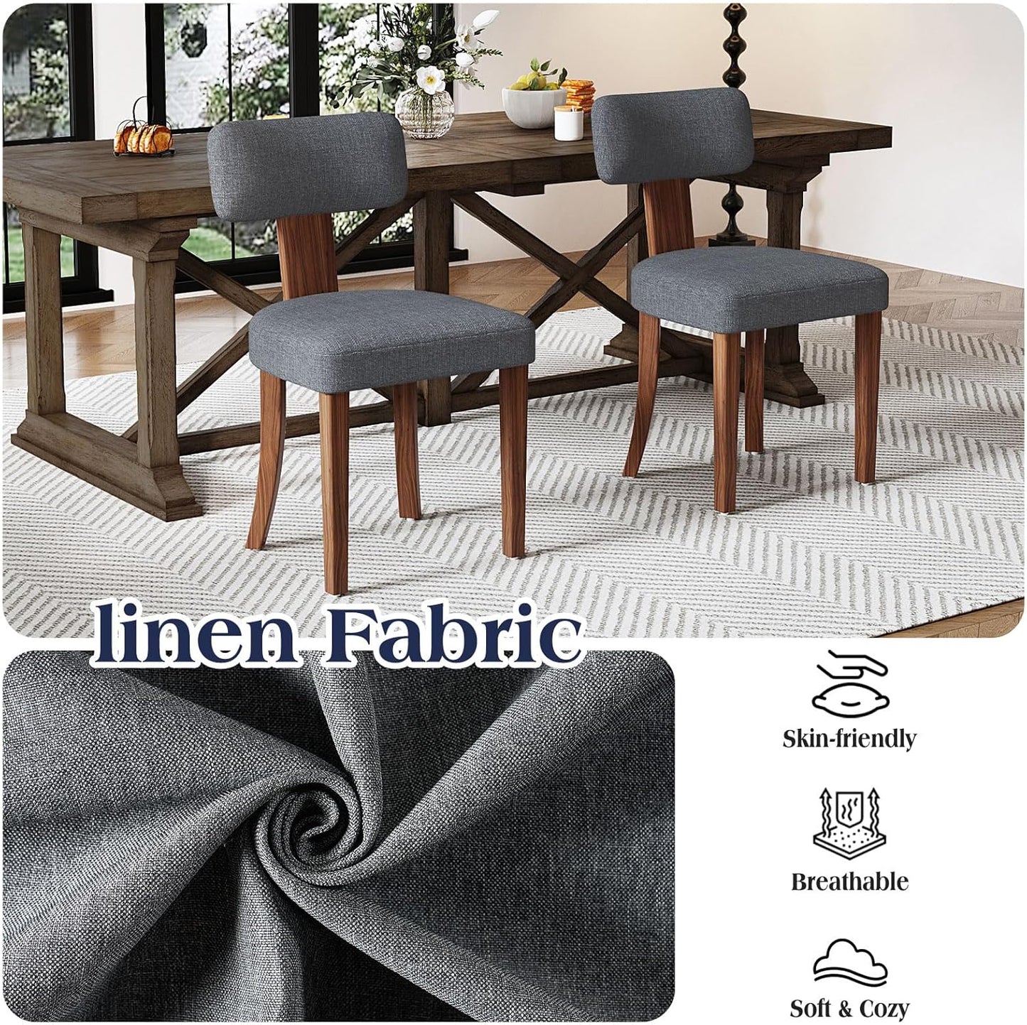 Mid Century Modern Dining Chairs Set of 2, Linen Upholstered Kitchen Chairs with Curved Backrest & Adjustable Legs for Living Room/Bedroom/Lounge, Easy to Install, Grey Linen