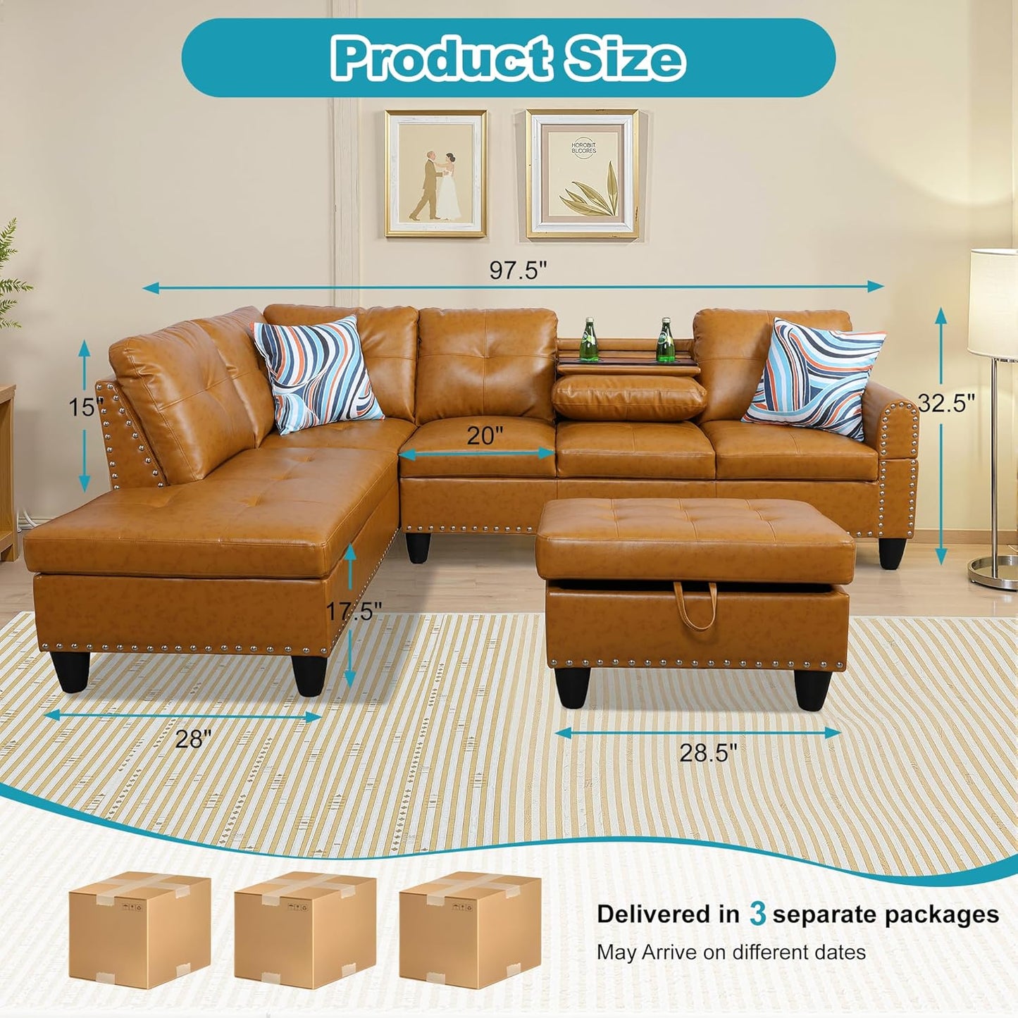 L Shaped Couch PU Leather Sectional Couch Upholstered 3 Pieces Sofas for Living Room with Chaise, Storage Ottoman for Office and Small Apartment, Ginger